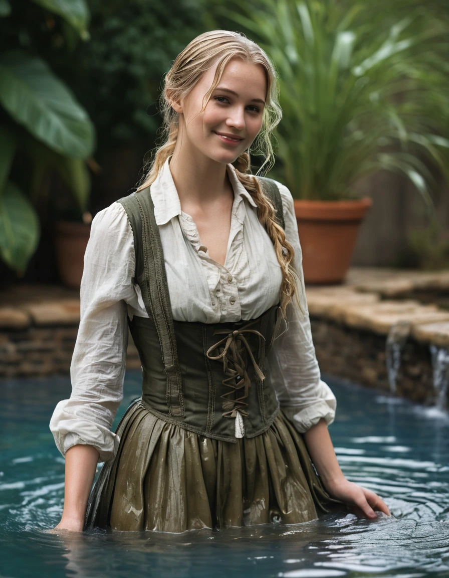 photo of young woman, in soaking wet, drenched clothes,
high heels,  long olive green peasant skirt, nude stockings, garter belt, linen peasant blouse, tight fitted vest, wading waist deep in a pool, 
enjoying, wet clothes stuck to body,
detailed textures of the wet clothes, wet face, wet plastered hair,
wet, drenched, professional, high-quality details, full body view.
sharp focus, ultra-high pixel detail, realistic, high-quality, full colors, incredibly detailed, 4k, 8k, 16k, hyper-realistic, RAW photo, masterpiece, ultra-detailed, professionally color graded, professional photograph, smile, wet long blonde hair