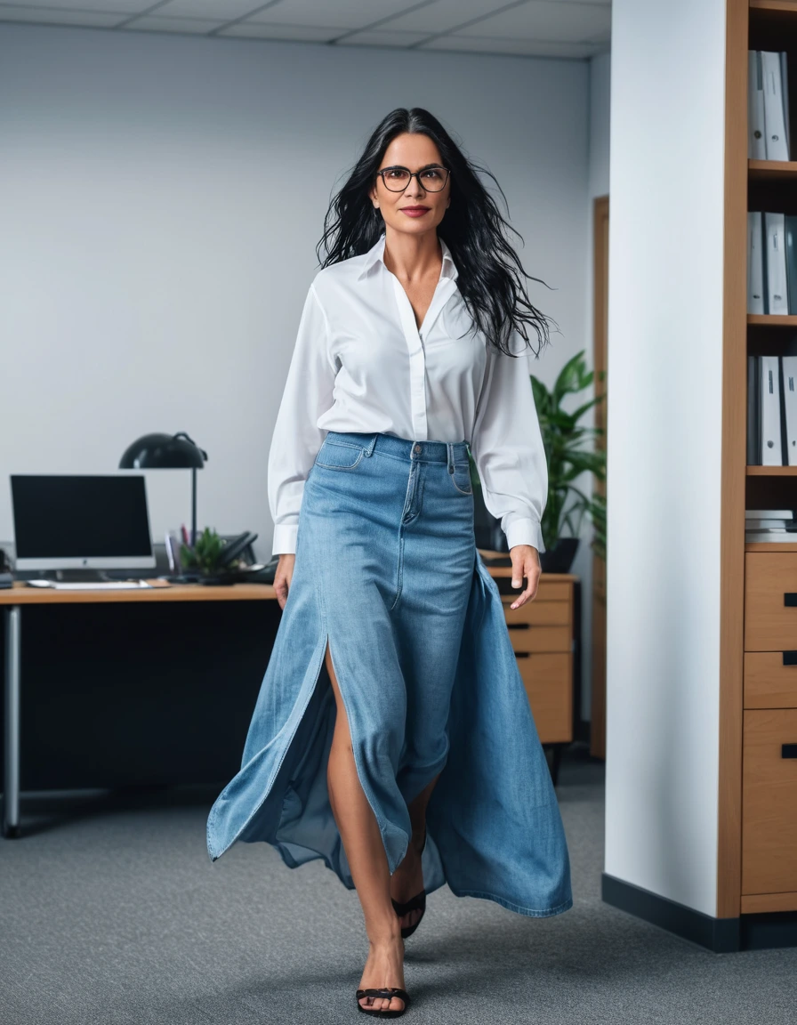 photo of young woman, in soaking wet, drenched clothes,
office shoes , maxi light blue loose-fitting denim skirt, white silk satin shirt, walking in the office, 
enjoying, wet clothes stuck to body,
detailed textures of the wet clothes, wet face, wet plastered hair,
wet, drenched, professional, high-quality details, full body view.
sharp focus, ultra-high pixel detail, realistic, high-quality, full colors, incredibly detailed, 4k, 8k, 16k, hyper-realistic, RAW photo, masterpiece, ultra-detailed, professionally color graded, professional photograph, woman 51 years old, long black hair, very big and thick lips, office glasses, complete body, open mouth