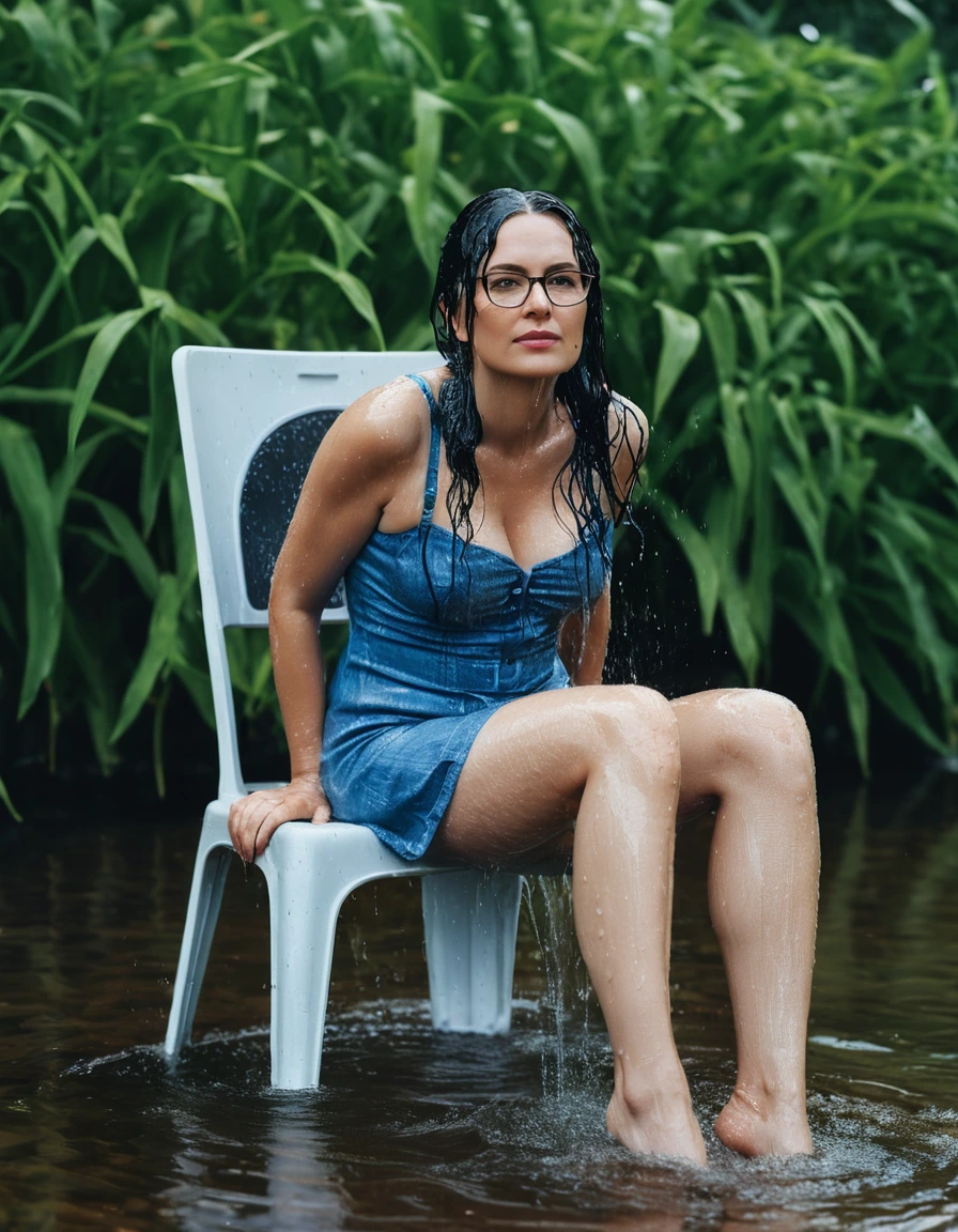 photo of young woman, in soaking wet, drenched clothes,
Sport shoes , midi tight blue jeans dress, midi tight blue jeans dress, taking shower on the chair in the flooded garden, 
enjoying, wet clothes stuck to body,
detailed textures of the wet clothes, wet face, wet plastered hair,
wet, drenched, professional, high-quality details, full body view.
sharp focus, ultra-high pixel detail, realistic, high-quality, full colors, incredibly detailed, 4k, 8k, 16k, hyper-realistic, RAW photo, masterpiece, ultra-detailed, professionally color graded, professional photograph, woman 51 years old, long black hair, very big and thick lips, office glasses, complete body, open mouth
