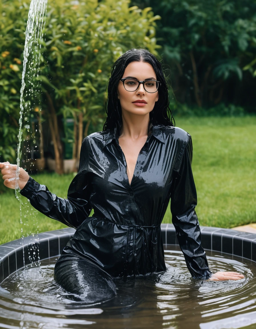photo of young woman, in soaking wet, drenched clothes,
Sport shoes , maxi black jeans dress with long sleeves, maxi black jeans dress with long sleeves, taking shower on the chair complete submerged in the flooded garden, 
enjoying, wet clothes stuck to body,
detailed textures of the wet clothes, wet face, wet plastered hair,
wet, drenched, professional, high-quality details, full body view.
sharp focus, ultra-high pixel detail, realistic, high-quality, full colors, incredibly detailed, 4k, 8k, 16k, hyper-realistic, RAW photo, masterpiece, ultra-detailed, professionally color graded, professional photograph, woman 51 years old, long black hair, very big and thick lips, office glasses, complete body, open mouth