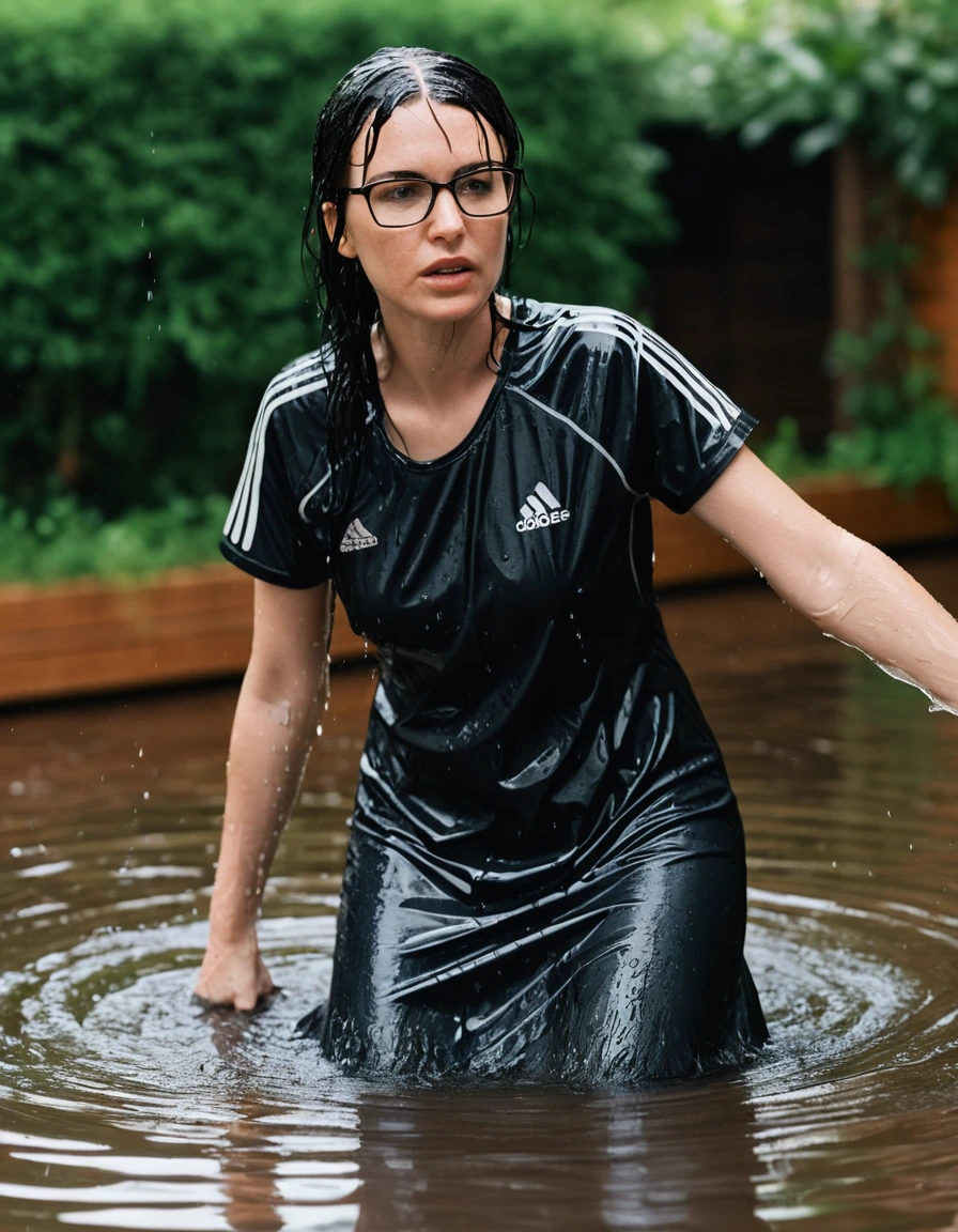 photo of young woman, in soaking wet, drenched clothes,
Sport shoes , long black adidas dress with short sleeves, long black adidas dress with short sleeves, taking shower complete submerged in the flooded garden, 
enjoying, wet clothes stuck to body,
detailed textures of the wet clothes, wet face, wet plastered hair,
wet, drenched, professional, high-quality details, full body view.
sharp focus, ultra-high pixel detail, realistic, high-quality, full colors, incredibly detailed, 4k, 8k, 16k, hyper-realistic, RAW photo, masterpiece, ultra-detailed, professionally color graded, professional photograph, woman 51 years old, long black hair, very big and thick lips, office glasses, complete body, open mouth