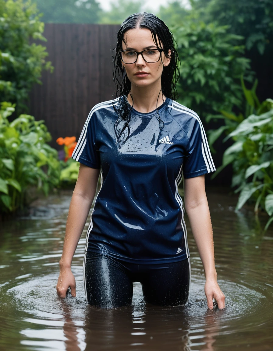 photo of young woman, in soaking wet, drenched clothes,
Sport shoes , long black adidas leggins, dark blue adidas top with short sleeves, taking shower complete submerged in the flooded garden, 
enjoying, wet clothes stuck to body,
detailed textures of the wet clothes, wet face, wet plastered hair,
wet, drenched, professional, high-quality details, full body view.
sharp focus, ultra-high pixel detail, realistic, high-quality, full colors, incredibly detailed, 4k, 8k, 16k, hyper-realistic, RAW photo, masterpiece, ultra-detailed, professionally color graded, professional photograph, woman 51 years old, long black hair, very big and thick lips, office glasses, complete body, open mouth
