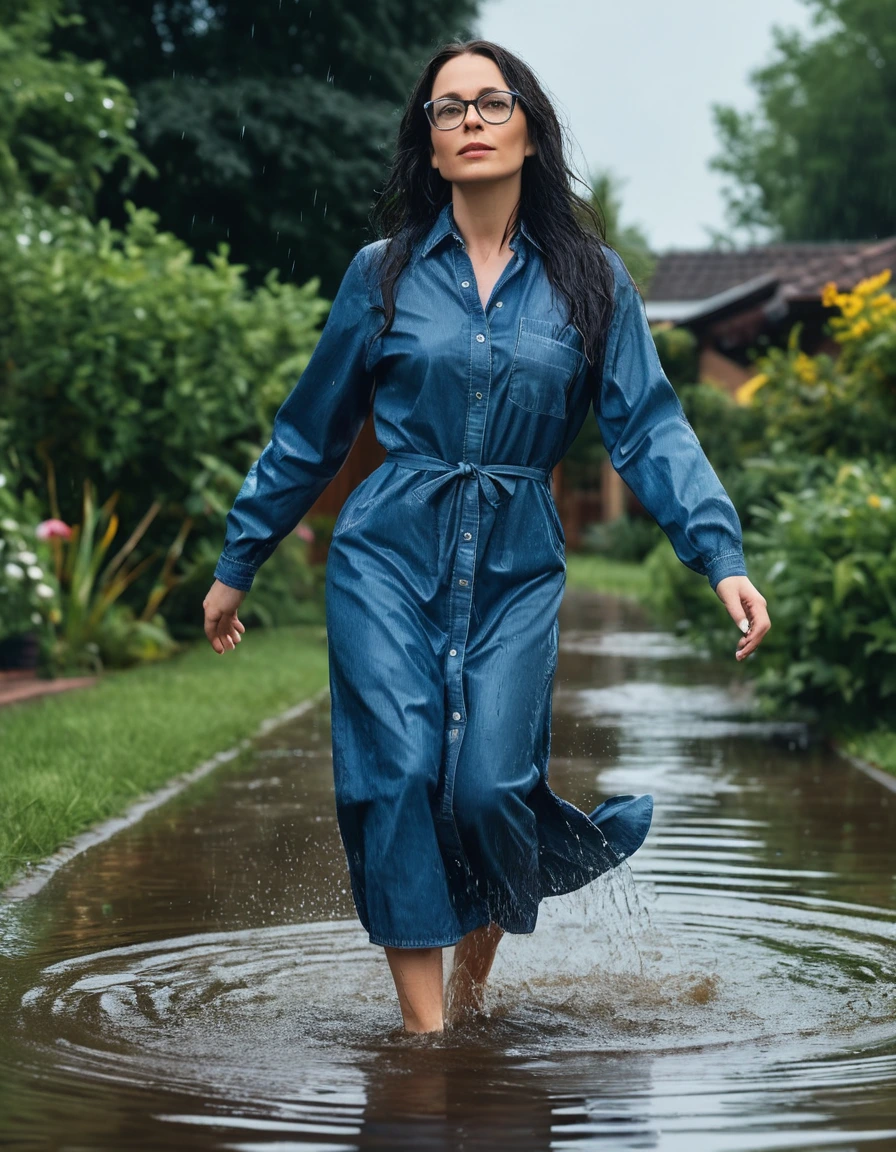 photo of young woman, in soaking wet, drenched clothes,
Sport shoes , maxi blue jeans dress with long sleeves, maxi blue jeans dress with long sleeves, walking in hard rain in flooded garden, 
enjoying, wet clothes stuck to body,
detailed textures of the wet clothes, wet face, wet plastered hair,
wet, drenched, professional, high-quality details, full body view.
sharp focus, ultra-high pixel detail, realistic, high-quality, full colors, incredibly detailed, 4k, 8k, 16k, hyper-realistic, RAW photo, masterpiece, ultra-detailed, professionally color graded, professional photograph, woman 51 years old, long black hair, very big and thick lips, office glasses, complete body, open mouth