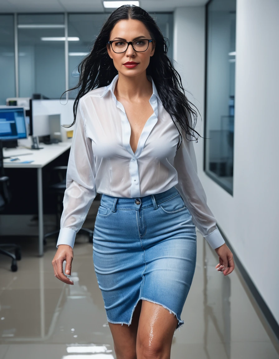 photo of young woman, in soaking wet, drenched clothes,
office shoes , midi light blue tight jeans skirt, white silk satin shirt, walking in the office, 
enjoying, wet clothes stuck to body,
detailed textures of the wet clothes, wet face, wet plastered hair,
wet, drenched, professional, high-quality details, full body view.
sharp focus, ultra-high pixel detail, realistic, high-quality, full colors, incredibly detailed, 4k, 8k, 16k, hyper-realistic, RAW photo, masterpiece, ultra-detailed, professionally color graded, professional photograph, woman 51 years old, long black hair, very big and thick lips, office glasses, complete body, open mouth