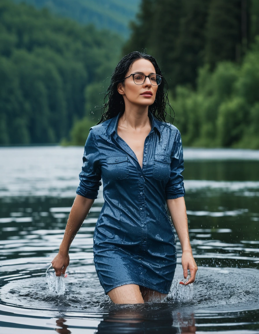 photo of young woman, in soaking wet, drenched clothes,
Sport shoes , midi tight blue jeans dress, midi tight blue jeans dress, walking in deep suuny lake, 
enjoying, wet clothes stuck to body,
detailed textures of the wet clothes, wet face, wet plastered hair,
wet, drenched, professional, high-quality details, full body view.
sharp focus, ultra-high pixel detail, realistic, high-quality, full colors, incredibly detailed, 4k, 8k, 16k, hyper-realistic, RAW photo, masterpiece, ultra-detailed, professionally color graded, professional photograph, woman 51 years old, long black hair, very big and thick lips, office glasses, complete body, open mouth