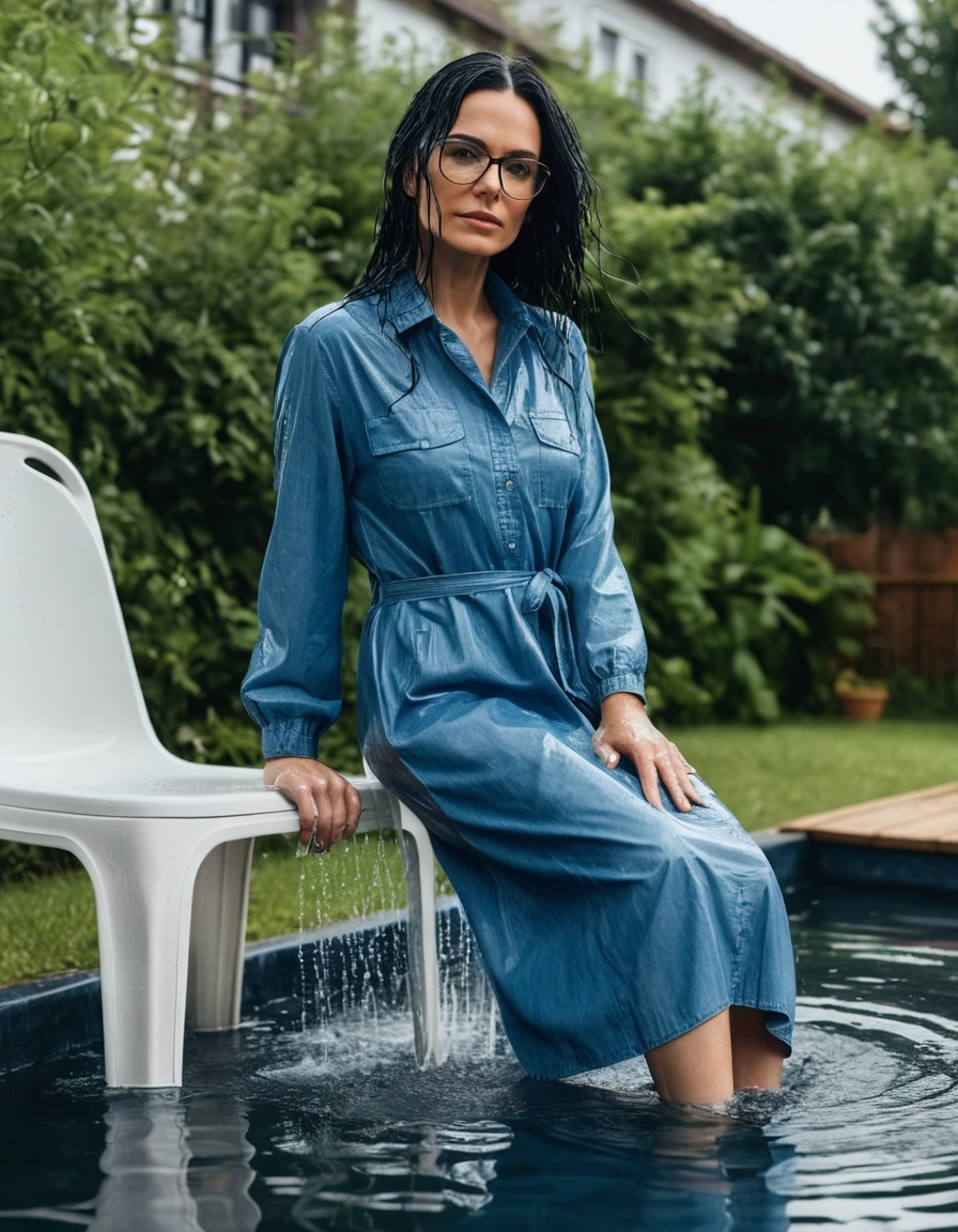 photo of young woman, in soaking wet, drenched clothes,
Sport shoes , midi blue jeans dress with long sleeves, midi blue jeans dress with long sleeves, taking shower on the chair in the flooded garden, 
enjoying, wet clothes stuck to body,
detailed textures of the wet clothes, wet face, wet plastered hair,
wet, drenched, professional, high-quality details, full body view.
sharp focus, ultra-high pixel detail, realistic, high-quality, full colors, incredibly detailed, 4k, 8k, 16k, hyper-realistic, RAW photo, masterpiece, ultra-detailed, professionally color graded, professional photograph, woman 51 years old, long black hair, very big and thick lips, office glasses, complete body, open mouth