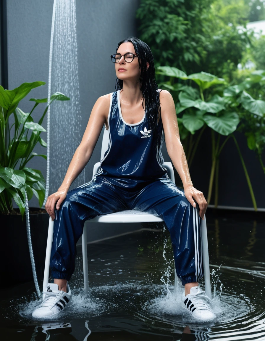 photo of young woman, in soaking wet, drenched clothes,
Sport shoes , long dark blue adidas trousers, black adidas tank top, taking shower on the chair complete submerged in the flooded garden, 
enjoying, wet clothes stuck to body,
detailed textures of the wet clothes, wet face, wet plastered hair,
wet, drenched, professional, high-quality details, full body view.
sharp focus, ultra-high pixel detail, realistic, high-quality, full colors, incredibly detailed, 4k, 8k, 16k, hyper-realistic, RAW photo, masterpiece, ultra-detailed, professionally color graded, professional photograph, woman 51 years old, long black hair, very big and thick lips, office glasses, complete body, open mouth