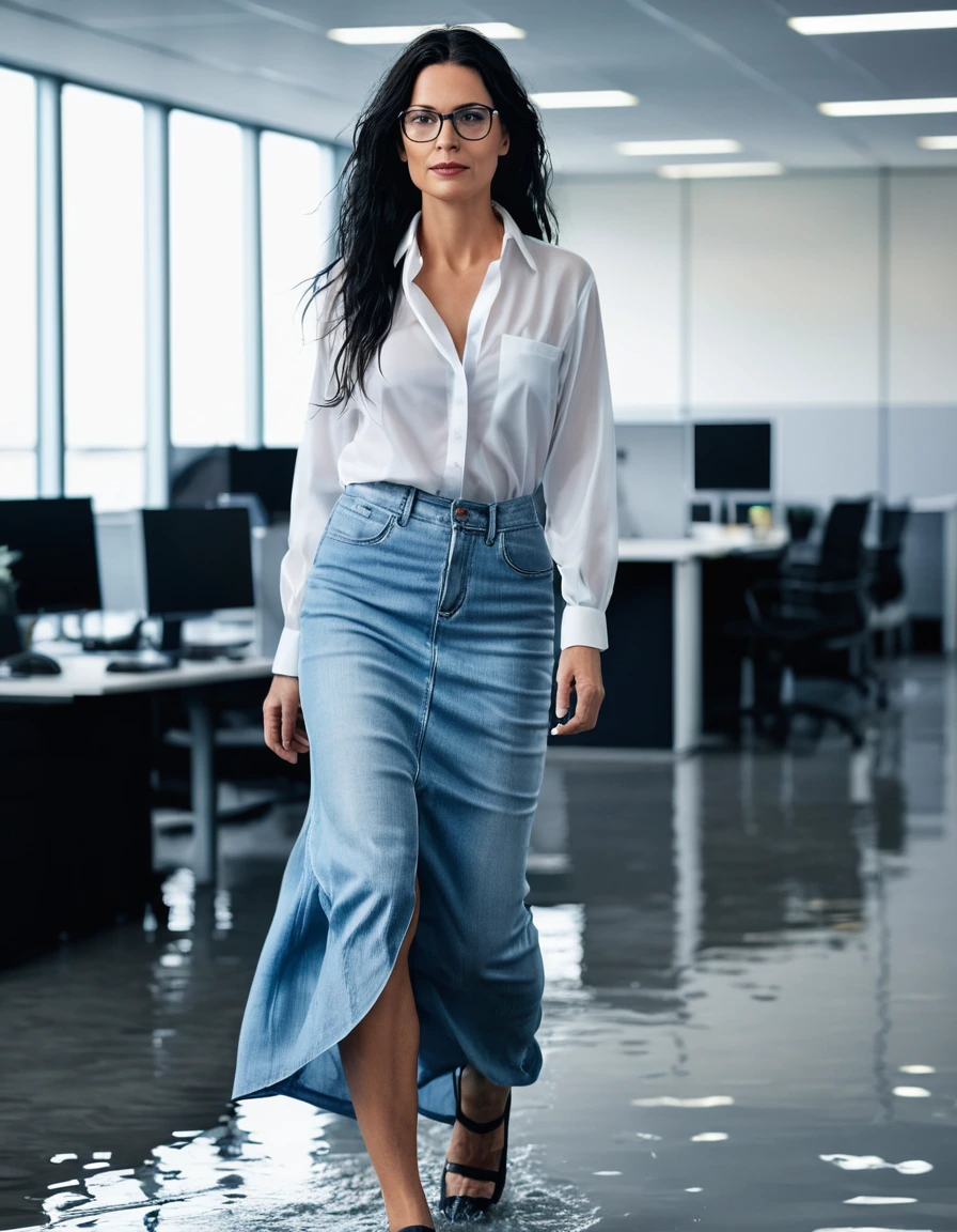 photo of young woman, in soaking wet, drenched clothes,
office shoes , maxi light blue loose-fitting denim skirt, white silk satin shirt, walking in the office, 
enjoying, wet clothes stuck to body,
detailed textures of the wet clothes, wet face, wet plastered hair,
wet, drenched, professional, high-quality details, full body view.
sharp focus, ultra-high pixel detail, realistic, high-quality, full colors, incredibly detailed, 4k, 8k, 16k, hyper-realistic, RAW photo, masterpiece, ultra-detailed, professionally color graded, professional photograph, woman 51 years old, long black hair, very big and thick lips, office glasses, complete body, open mouth