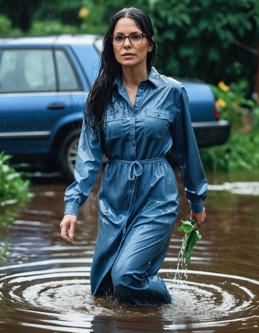 photo of young woman, in soaking wet, drenched clothes,
Sport shoes , long blue jeans dress with long sleeves, long blue jeans dress with long sleeves, walking in hard rain in flooded garden, 
enjoying, wet clothes stuck to body,
detailed textures of the wet clothes, wet face, wet plastered hair,
wet, drenched, professional, high-quality details, full body view.
sharp focus, ultra-high pixel detail, realistic, high-quality, full colors, incredibly detailed, 4k, 8k, 16k, hyper-realistic, RAW photo, masterpiece, ultra-detailed, professionally color graded, professional photograph, woman 51 years old, long black hair, very big and thick lips, office glasses, complete body, open mouth