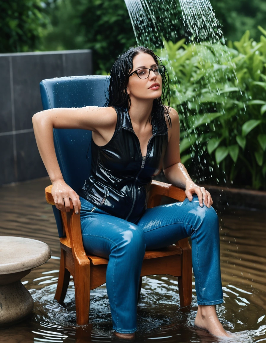 photo of young woman, in soaking wet, drenched clothes,
Sport shoes , long blue leather jeans, black leather tank top with zipper, taking shower on the chair complete submerged in the flooded garden, 
enjoying, wet clothes stuck to body,
detailed textures of the wet clothes, wet face, wet plastered hair,
wet, drenched, professional, high-quality details, full body view.
sharp focus, ultra-high pixel detail, realistic, high-quality, full colors, incredibly detailed, 4k, 8k, 16k, hyper-realistic, RAW photo, masterpiece, ultra-detailed, professionally color graded, professional photograph, woman 51 years old, long black hair, very big and thick lips, office glasses, complete body, open mouth