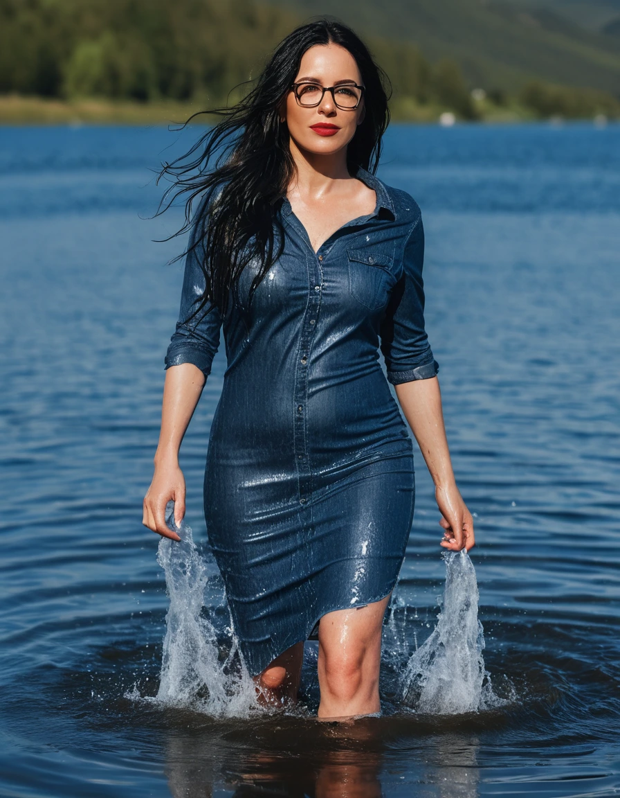 photo of young woman, in soaking wet, drenched clothes,
Sport shoes , midi tight blue jeans dress, midi tight blue jeans dress, walking in Sunny Deep lake, 
enjoying, wet clothes stuck to body,
detailed textures of the wet clothes, wet face, wet plastered hair,
wet, drenched, professional, high-quality details, full body view.
sharp focus, ultra-high pixel detail, realistic, high-quality, full colors, incredibly detailed, 4k, 8k, 16k, hyper-realistic, RAW photo, masterpiece, ultra-detailed, professionally color graded, professional photograph, woman 51 years old, long black hair, very big and thick lips, office glasses, complete body, open mouth