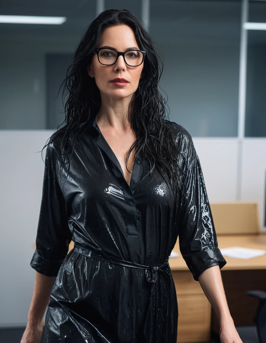 photo of young woman, in soaking wet, drenched clothes,
office shoes , long black t-shirt dress, long black t-shirt dress, walking in the office, 
enjoying, wet clothes stuck to body,
detailed textures of the wet clothes, wet face, wet plastered hair,
wet, drenched, professional, high-quality details, full body view.
sharp focus, ultra-high pixel detail, realistic, high-quality, full colors, incredibly detailed, 4k, 8k, 16k, hyper-realistic, RAW photo, masterpiece, ultra-detailed, professionally color graded, professional photograph, woman 51 years old, long black hair, very big and thick lips, office glasses, complete body, open mouth