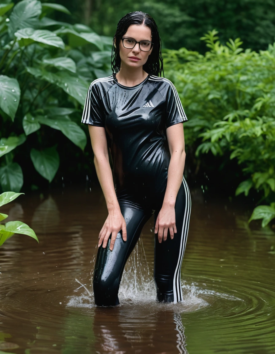 photo of young woman, in soaking wet, drenched clothes,
Sport shoes , long black adidas latex leggins, black adidas top with short sleeves, taking shower complete submerged in the flooded garden, 
enjoying, wet clothes stuck to body,
detailed textures of the wet clothes, wet face, wet plastered hair,
wet, drenched, professional, high-quality details, full body view.
sharp focus, ultra-high pixel detail, realistic, high-quality, full colors, incredibly detailed, 4k, 8k, 16k, hyper-realistic, RAW photo, masterpiece, ultra-detailed, professionally color graded, professional photograph, woman 51 years old, long black hair, very big and thick lips, office glasses, complete body, open mouth