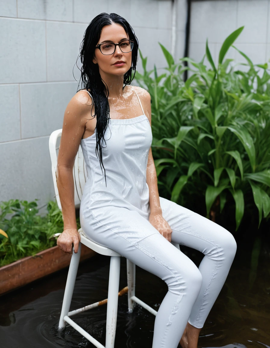 photo of young woman, in soaking wet, drenched clothes,
Sport shoes , midi tight white jeans dress, midi tight white jeans dress, taking shower on the chair in the flooded garden, 
enjoying, wet clothes stuck to body,
detailed textures of the wet clothes, wet face, wet plastered hair,
wet, drenched, professional, high-quality details, full body view.
sharp focus, ultra-high pixel detail, realistic, high-quality, full colors, incredibly detailed, 4k, 8k, 16k, hyper-realistic, RAW photo, masterpiece, ultra-detailed, professionally color graded, professional photograph, woman 51 years old, long black hair, very big and thick lips, office glasses, complete body, open mouth