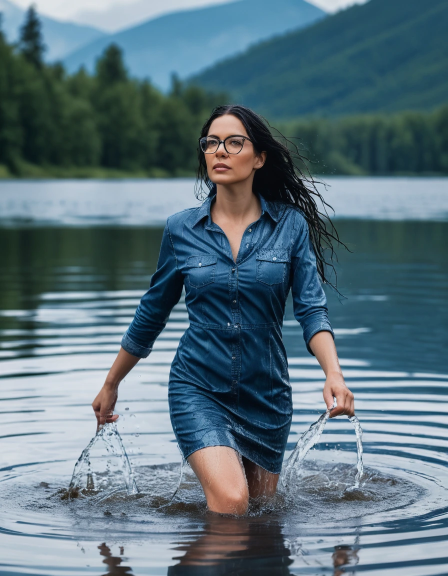photo of young woman, in soaking wet, drenched clothes,
Sport shoes , midi tight blue jeans dress, midi tight blue jeans dress, walking in deep suuny lake, 
enjoying, wet clothes stuck to body,
detailed textures of the wet clothes, wet face, wet plastered hair,
wet, drenched, professional, high-quality details, full body view.
sharp focus, ultra-high pixel detail, realistic, high-quality, full colors, incredibly detailed, 4k, 8k, 16k, hyper-realistic, RAW photo, masterpiece, ultra-detailed, professionally color graded, professional photograph, woman 51 years old, long black hair, very big and thick lips, office glasses, complete body, open mouth
