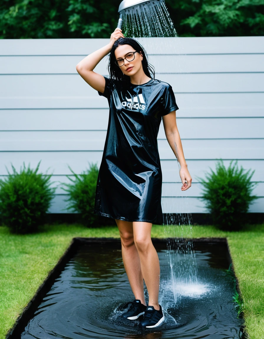 photo of young woman, in soaking wet, drenched clothes,
Sport shoes , black adidas dress with short sleeves, black adidas dress with short sleeves, taking shower complete submerged in the flooded garden, 
enjoying, wet clothes stuck to body,
detailed textures of the wet clothes, wet face, wet plastered hair,
wet, drenched, professional, high-quality details, full body view.
sharp focus, ultra-high pixel detail, realistic, high-quality, full colors, incredibly detailed, 4k, 8k, 16k, hyper-realistic, RAW photo, masterpiece, ultra-detailed, professionally color graded, professional photograph, woman 51 years old, long black hair, very big and thick lips, office glasses, complete body, open mouth