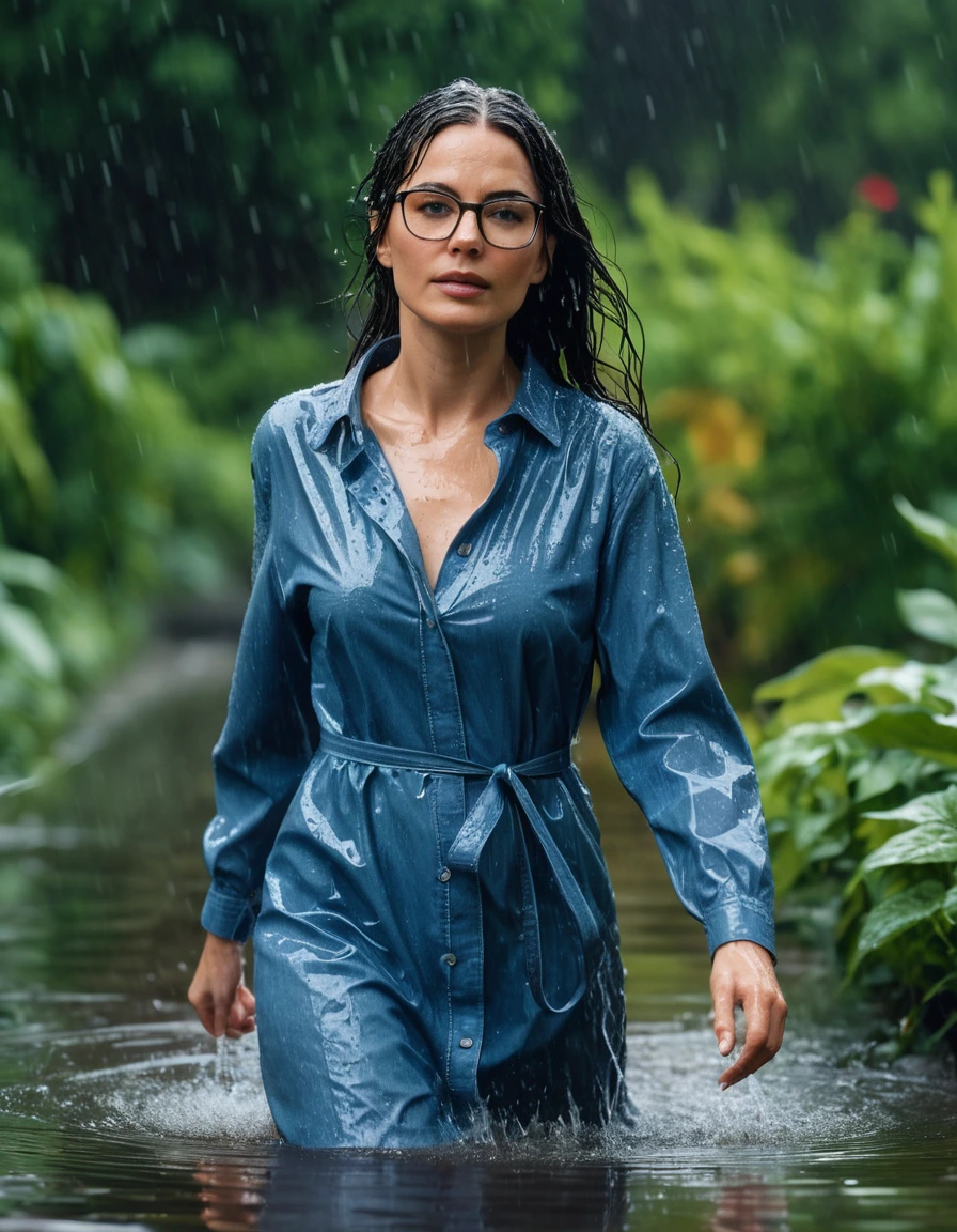 photo of young woman, in soaking wet, drenched clothes,
Sport shoes , midi blue jeans dress with long sleeves, midi blue jeans dress with long sleeves, walking in hard rain in flooded garden, 
enjoying, wet clothes stuck to body,
detailed textures of the wet clothes, wet face, wet plastered hair,
wet, drenched, professional, high-quality details, full body view.
sharp focus, ultra-high pixel detail, realistic, high-quality, full colors, incredibly detailed, 4k, 8k, 16k, hyper-realistic, RAW photo, masterpiece, ultra-detailed, professionally color graded, professional photograph, woman 51 years old, long black hair, very big and thick lips, office glasses, complete body, open mouth