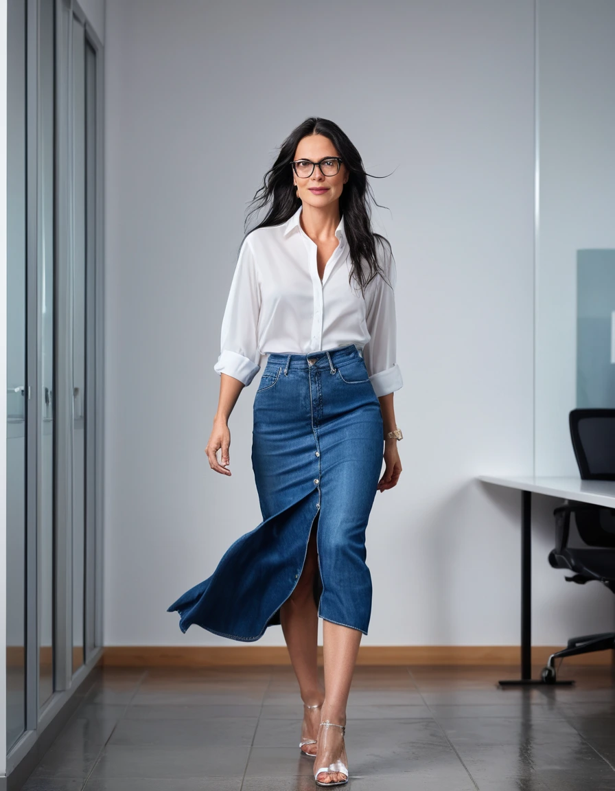 photo of young woman, in soaking wet, drenched clothes,
office shoes , maxi blue loose-fitting denim skirt, white silk satin shirt, walking in the office, 
enjoying, wet clothes stuck to body,
detailed textures of the wet clothes, wet face, wet plastered hair,
wet, drenched, professional, high-quality details, full body view.
sharp focus, ultra-high pixel detail, realistic, high-quality, full colors, incredibly detailed, 4k, 8k, 16k, hyper-realistic, RAW photo, masterpiece, ultra-detailed, professionally color graded, professional photograph, woman 51 years old, long black hair, very big and thick lips, office glasses, complete body, open mouth