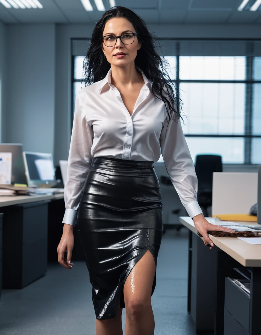 photo of young woman, in soaking wet, drenched clothes,
office shoes , long black tight jeans skirt, black silk satin shirt, walking in the office, 
enjoying, wet clothes stuck to body,
detailed textures of the wet clothes, wet face, wet plastered hair,
wet, drenched, professional, high-quality details, full body view.
sharp focus, ultra-high pixel detail, realistic, high-quality, full colors, incredibly detailed, 4k, 8k, 16k, hyper-realistic, RAW photo, masterpiece, ultra-detailed, professionally color graded, professional photograph, woman 51 years old, long black hair, very big and thick lips, office glasses, complete body, open mouth