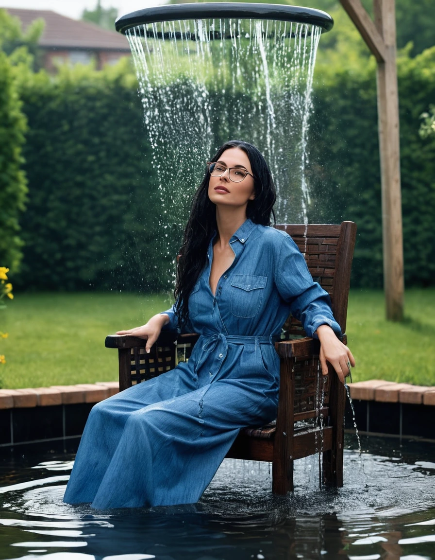 photo of young woman, in soaking wet, drenched clothes,
Sport shoes , maxi blue jeans dress with long sleeves, maxi blue jeans dress with long sleeves, taking shower on the chair submerged in the flooded garden, 
enjoying, wet clothes stuck to body,
detailed textures of the wet clothes, wet face, wet plastered hair,
wet, drenched, professional, high-quality details, full body view.
sharp focus, ultra-high pixel detail, realistic, high-quality, full colors, incredibly detailed, 4k, 8k, 16k, hyper-realistic, RAW photo, masterpiece, ultra-detailed, professionally color graded, professional photograph, woman 51 years old, long black hair, very big and thick lips, office glasses, complete body, open mouth