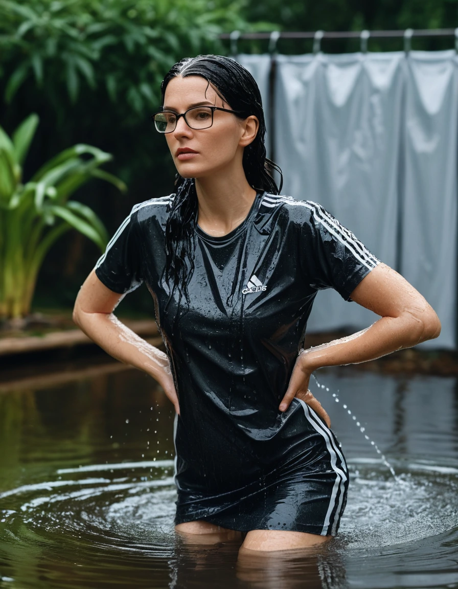 photo of young woman, in soaking wet, drenched clothes,
Sport shoes , long black adidas dress with short sleeves, long black adidas dress with short sleeves, taking shower complete submerged in the flooded garden, 
enjoying, wet clothes stuck to body,
detailed textures of the wet clothes, wet face, wet plastered hair,
wet, drenched, professional, high-quality details, full body view.
sharp focus, ultra-high pixel detail, realistic, high-quality, full colors, incredibly detailed, 4k, 8k, 16k, hyper-realistic, RAW photo, masterpiece, ultra-detailed, professionally color graded, professional photograph, woman 51 years old, long black hair, very big and thick lips, office glasses, complete body, open mouth