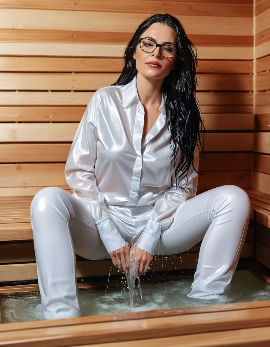 photo of young woman, in soaking wet, drenched clothes,
office shoes , long white tight jeans, white silk satin shirt, submerged in the sauna, 
enjoying, wet clothes stuck to body,
detailed textures of the wet clothes, wet face, wet plastered hair,
wet, drenched, professional, high-quality details, full body view.
sharp focus, ultra-high pixel detail, realistic, high-quality, full colors, incredibly detailed, 4k, 8k, 16k, hyper-realistic, RAW photo, masterpiece, ultra-detailed, professionally color graded, professional photograph, woman 51 years old, long black hair, very big and thick lips, office glasses, complete body, open mouth