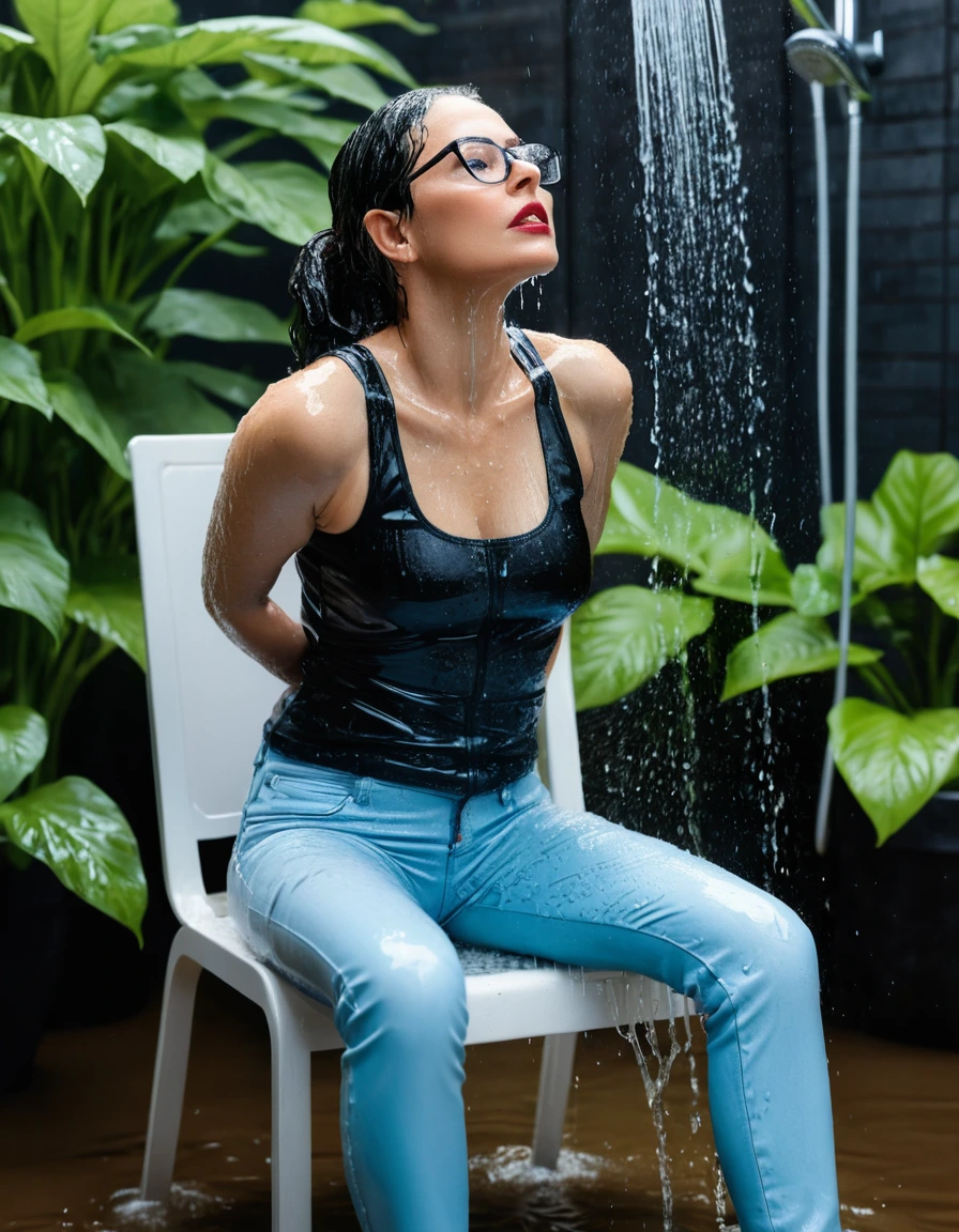 photo of young woman, in soaking wet, drenched clothes,
Sport shoes , long light blue leather jeans, black tank top, taking shower on the chair complete submerged in the flooded garden, 
enjoying, wet clothes stuck to body,
detailed textures of the wet clothes, wet face, wet plastered hair,
wet, drenched, professional, high-quality details, full body view.
sharp focus, ultra-high pixel detail, realistic, high-quality, full colors, incredibly detailed, 4k, 8k, 16k, hyper-realistic, RAW photo, masterpiece, ultra-detailed, professionally color graded, professional photograph, woman 51 years old, long black hair, very big and thick lips, office glasses, complete body, open mouth