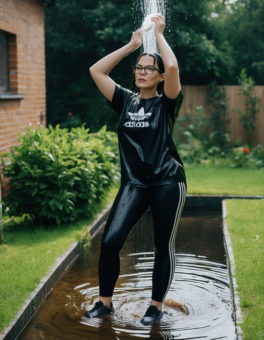 photo of young woman, in soaking wet, drenched clothes,
Sport shoes , long black adidas leggins, black adidas top with short sleeves, taking shower complete submerged in the flooded garden, 
enjoying, wet clothes stuck to body,
detailed textures of the wet clothes, wet face, wet plastered hair,
wet, drenched, professional, high-quality details, full body view.
sharp focus, ultra-high pixel detail, realistic, high-quality, full colors, incredibly detailed, 4k, 8k, 16k, hyper-realistic, RAW photo, masterpiece, ultra-detailed, professionally color graded, professional photograph, woman 51 years old, long black hair, very big and thick lips, office glasses, complete body, open mouth