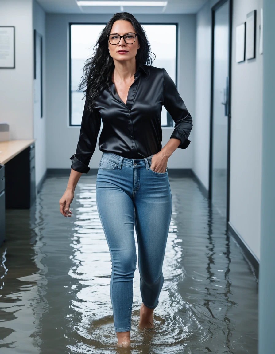 photo of young woman, in soaking wet, drenched clothes,
office shoes , long light blue tight jeans, black silk satin shirt, walking in the office, 
enjoying, wet clothes stuck to body,
detailed textures of the wet clothes, wet face, wet plastered hair,
wet, drenched, professional, high-quality details, full body view.
sharp focus, ultra-high pixel detail, realistic, high-quality, full colors, incredibly detailed, 4k, 8k, 16k, hyper-realistic, RAW photo, masterpiece, ultra-detailed, professionally color graded, professional photograph, woman 51 years old, long black hair, very big and thick lips, office glasses, complete body, open mouth