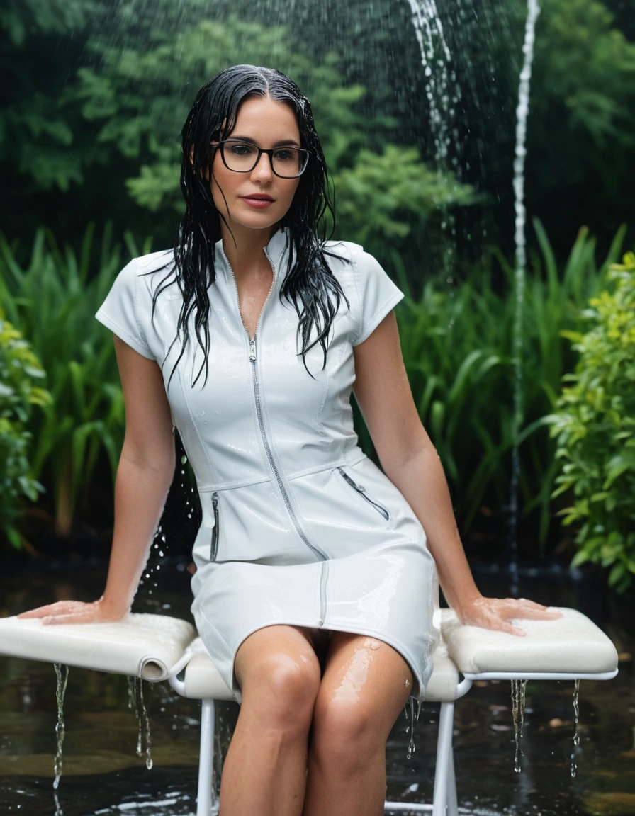 photo of young woman, in soaking wet, drenched clothes,
Sport shoes , midi white leather dress with short sleeves with zippe, midi white leather dress with short sleeves with zipper, taking shower on the chair complete submerged in the flooded garden, 
enjoying, wet clothes stuck to body,
detailed textures of the wet clothes, wet face, wet plastered hair,
wet, drenched, professional, high-quality details, full body view.
sharp focus, ultra-high pixel detail, realistic, high-quality, full colors, incredibly detailed, 4k, 8k, 16k, hyper-realistic, RAW photo, masterpiece, ultra-detailed, professionally color graded, professional photograph, woman 51 years old, long black hair, very big and thick lips, office glasses, complete body, open mouth