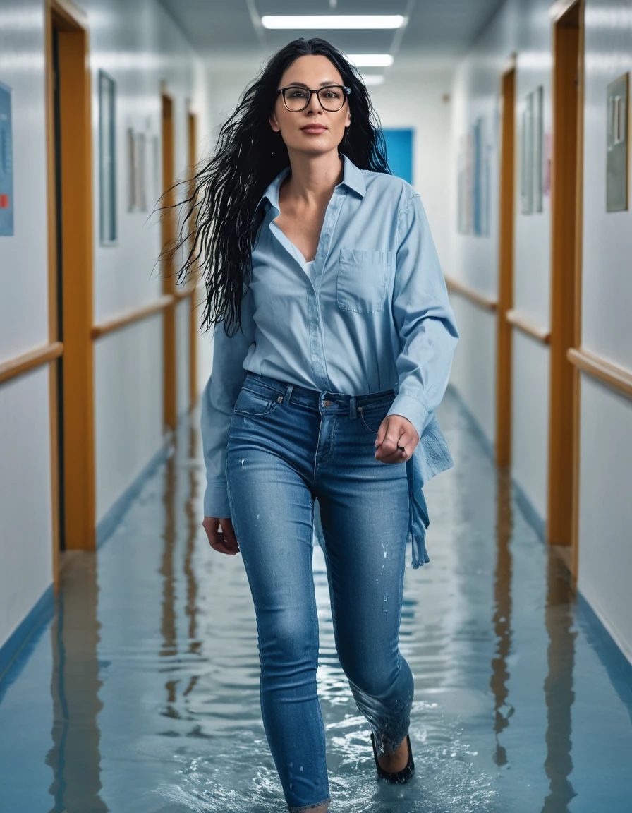 photo of young woman, in soaking wet, drenched clothes,
office shoes , long light blue tight jeans, light blue denim shirt, walking in the school hall, 
enjoying, wet clothes stuck to body,
detailed textures of the wet clothes, wet face, wet plastered hair,
wet, drenched, professional, high-quality details, full body view.
sharp focus, ultra-high pixel detail, realistic, high-quality, full colors, incredibly detailed, 4k, 8k, 16k, hyper-realistic, RAW photo, masterpiece, ultra-detailed, professionally color graded, professional photograph, woman 51 years old, long black hair, very big and thick lips, office glasses, complete body, open mouth