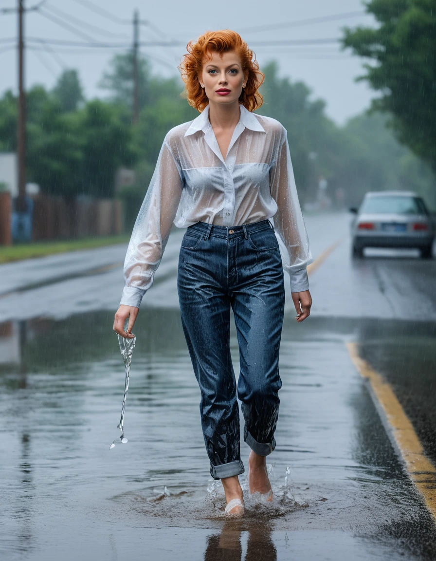 photo of young woman, in soaking wet, drenched clothes,
nylon, wet shiny dark blue jeans, white seetrough blouse, walking on the road, 
enjoying, wet clothes stuck to body,
detailed textures of the wet clothes, wet face, wet plastered hair,
wet, drenched, professional, high-quality details, full body view.
sharp focus, ultra-high pixel detail, realistic, high-quality, full colors, incredibly detailed, 4k, 8k, 16k, hyper-realistic, RAW photo, masterpiece, ultra-detailed, professionally color graded, professional photograph, Lucille Ball walking in the rain, her jeans are all shiny and wet, complete body in the picture