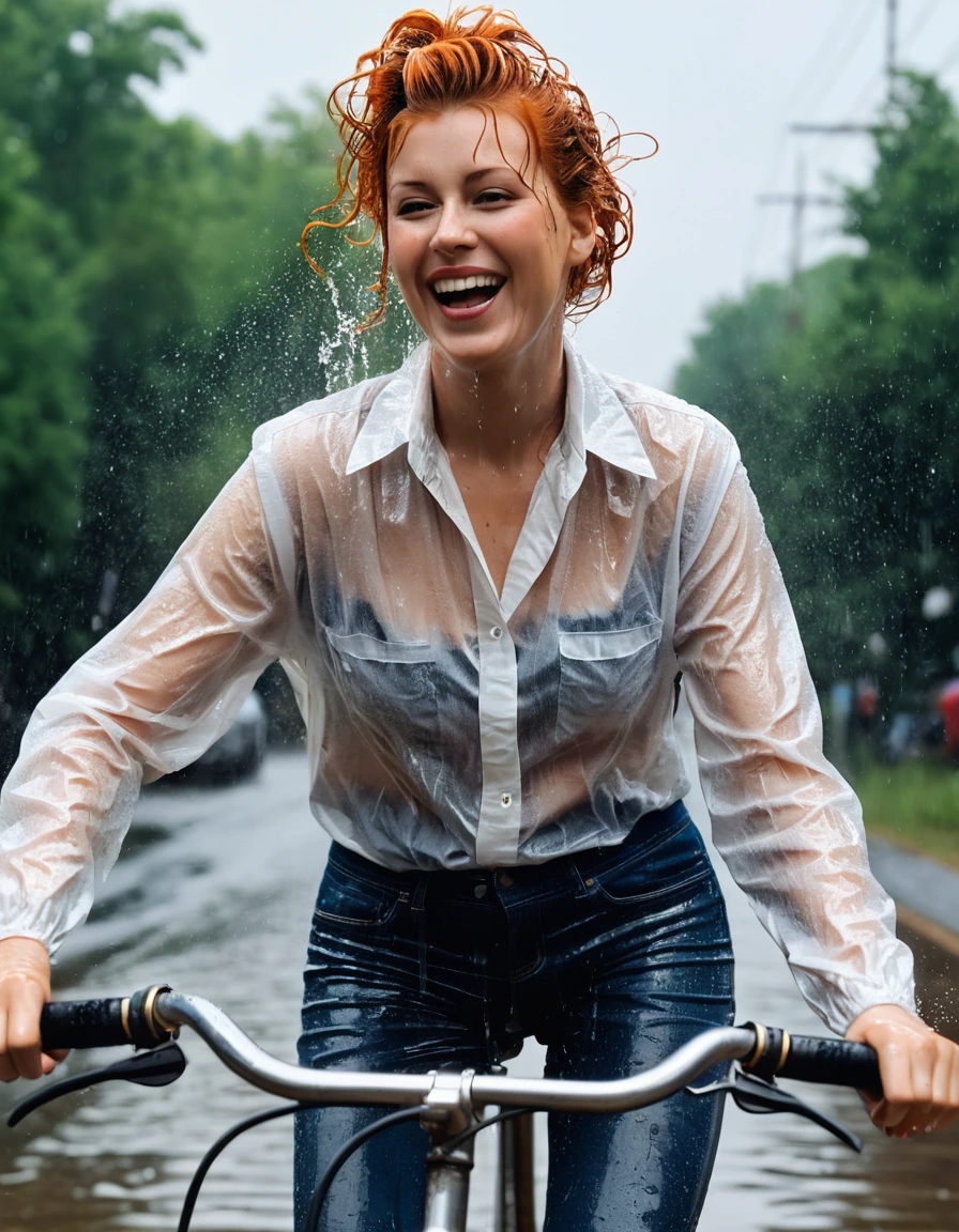 photo of young woman, in soaking wet, drenched clothes,
nylon, wet shinney dark blue jeans, white seetrough blouse, On a bicycle, 
enjoying, wet clothes stuck to body,
detailed textures of the wet clothes, wet face, wet plastered hair,
wet, drenched, professional, high-quality details, full body view.
sharp focus, ultra-high pixel detail, realistic, high-quality, full colors, incredibly detailed, 4k, 8k, 16k, hyper-realistic, RAW photo, masterpiece, ultra-detailed, professionally color graded, professional photograph, Lucile Ball look alike being sprayed with a water-hose until she is wet  and dripping. Show complete body in the picture and she is laughing 