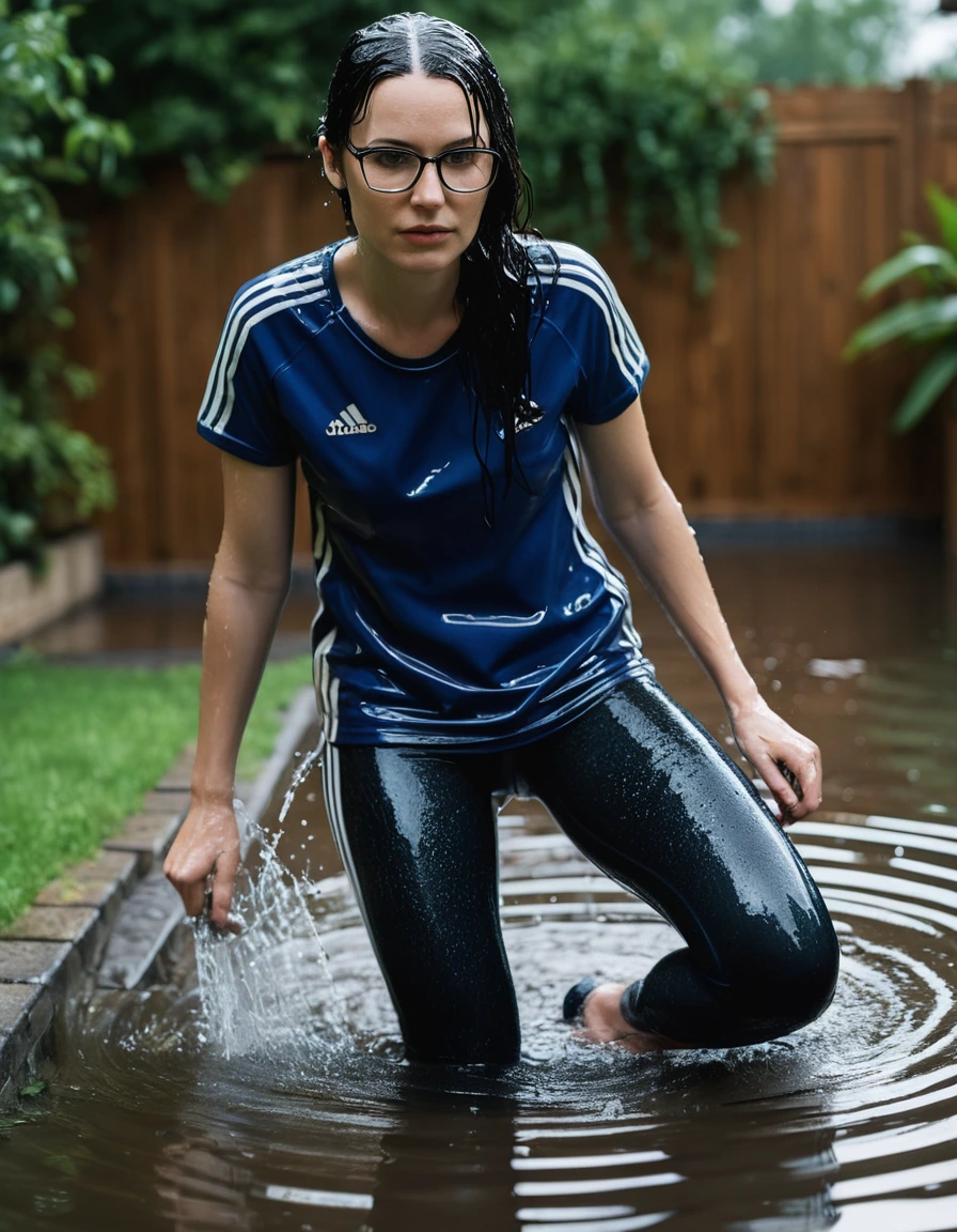 photo of young woman, in soaking wet, drenched clothes,
Sport shoes , long dark blue adidas leggins, black adidas top with short sleeves, taking shower complete submerged in the flooded garden, 
enjoying, wet clothes stuck to body,
detailed textures of the wet clothes, wet face, wet plastered hair,
wet, drenched, professional, high-quality details, full body view.
sharp focus, ultra-high pixel detail, realistic, high-quality, full colors, incredibly detailed, 4k, 8k, 16k, hyper-realistic, RAW photo, masterpiece, ultra-detailed, professionally color graded, professional photograph, woman 51 years old, long black hair, very big and thick lips, office glasses, complete body, open mouth