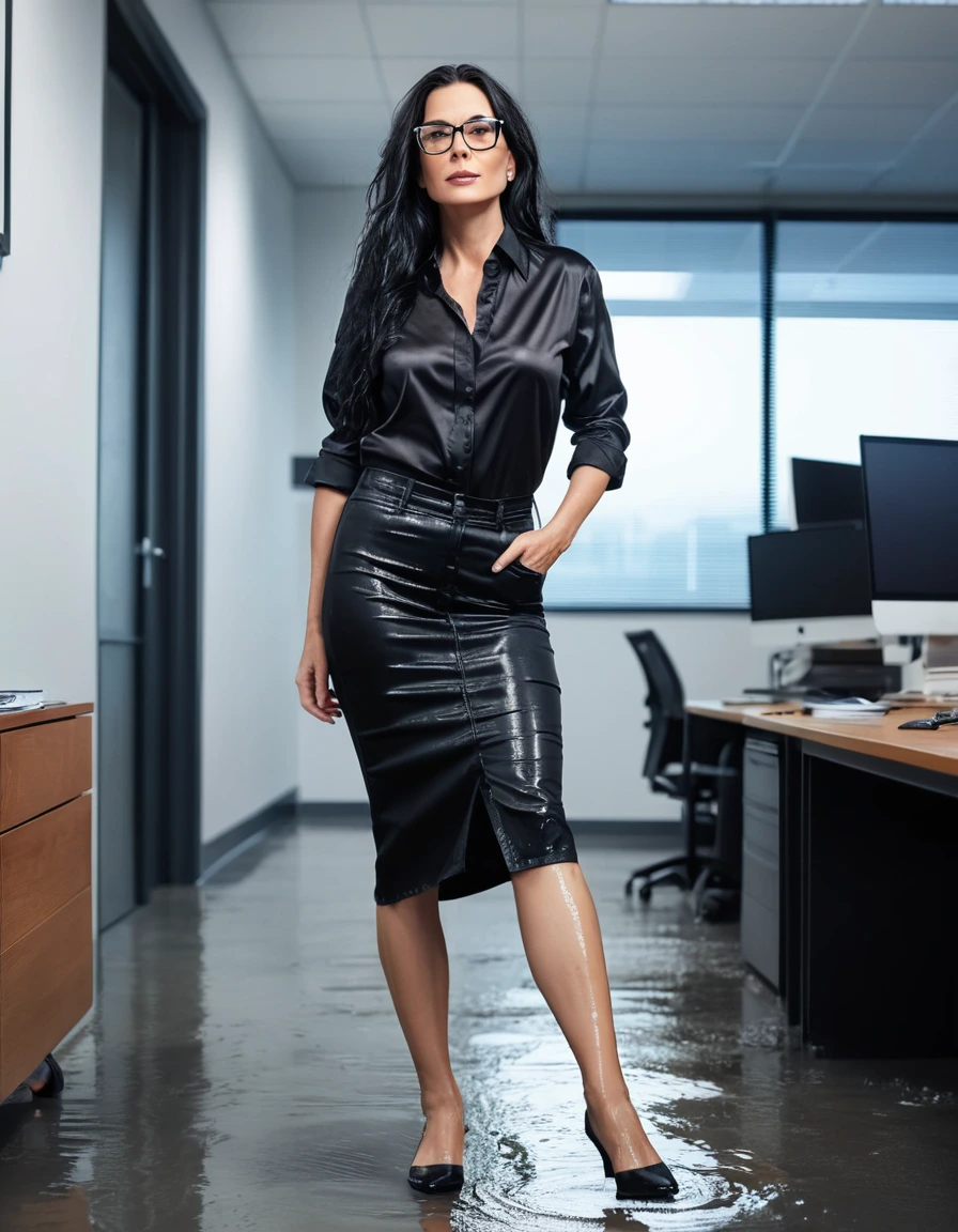 photo of young woman, in soaking wet, drenched clothes,
office shoes , long black tight jeans skirt, black silk satin shirt, walking in the office, 
enjoying, wet clothes stuck to body,
detailed textures of the wet clothes, wet face, wet plastered hair,
wet, drenched, professional, high-quality details, full body view.
sharp focus, ultra-high pixel detail, realistic, high-quality, full colors, incredibly detailed, 4k, 8k, 16k, hyper-realistic, RAW photo, masterpiece, ultra-detailed, professionally color graded, professional photograph, woman 51 years old, long black hair, very big and thick lips, office glasses, complete body, open mouth