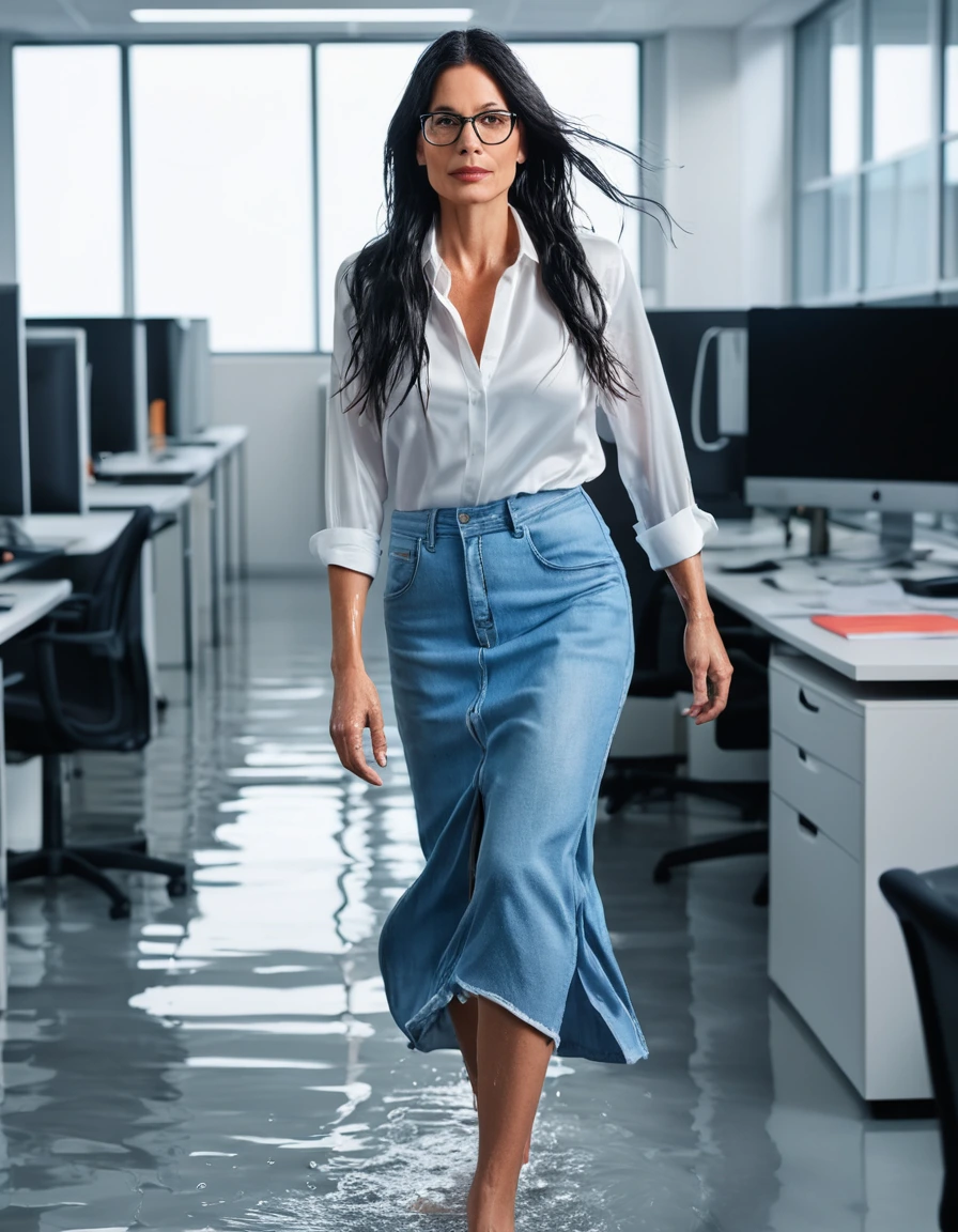 photo of young woman, in soaking wet, drenched clothes,
office shoes , maxi light blue loose-fitting denim skirt, white silk satin shirt, walking in the office, 
enjoying, wet clothes stuck to body,
detailed textures of the wet clothes, wet face, wet plastered hair,
wet, drenched, professional, high-quality details, full body view.
sharp focus, ultra-high pixel detail, realistic, high-quality, full colors, incredibly detailed, 4k, 8k, 16k, hyper-realistic, RAW photo, masterpiece, ultra-detailed, professionally color graded, professional photograph, woman 51 years old, long black hair, very big and thick lips, office glasses, complete body, open mouth
