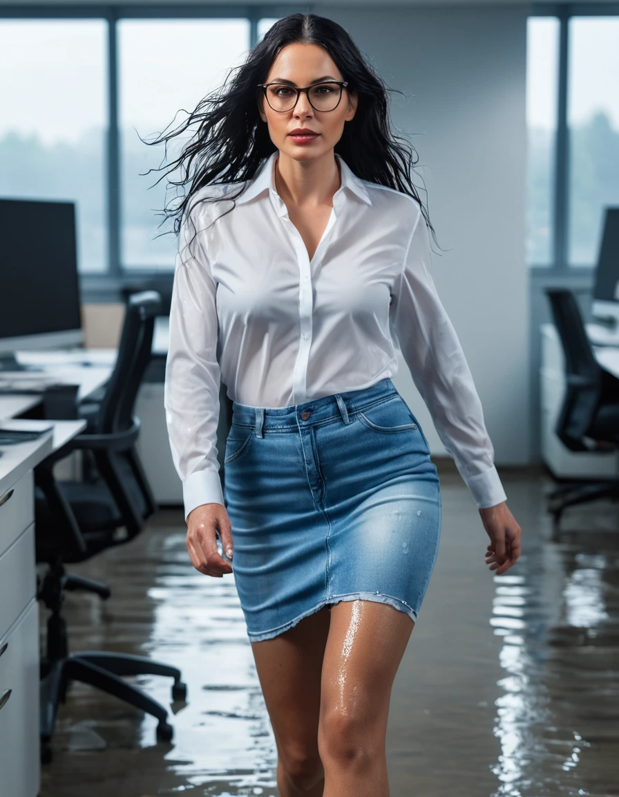 photo of young woman, in soaking wet, drenched clothes,
office shoes , midi light blue tight jeans skirt, white silk satin shirt, walking in the office, 
enjoying, wet clothes stuck to body,
detailed textures of the wet clothes, wet face, wet plastered hair,
wet, drenched, professional, high-quality details, full body view.
sharp focus, ultra-high pixel detail, realistic, high-quality, full colors, incredibly detailed, 4k, 8k, 16k, hyper-realistic, RAW photo, masterpiece, ultra-detailed, professionally color graded, professional photograph, woman 51 years old, long black hair, very big and thick lips, office glasses, complete body, open mouth
