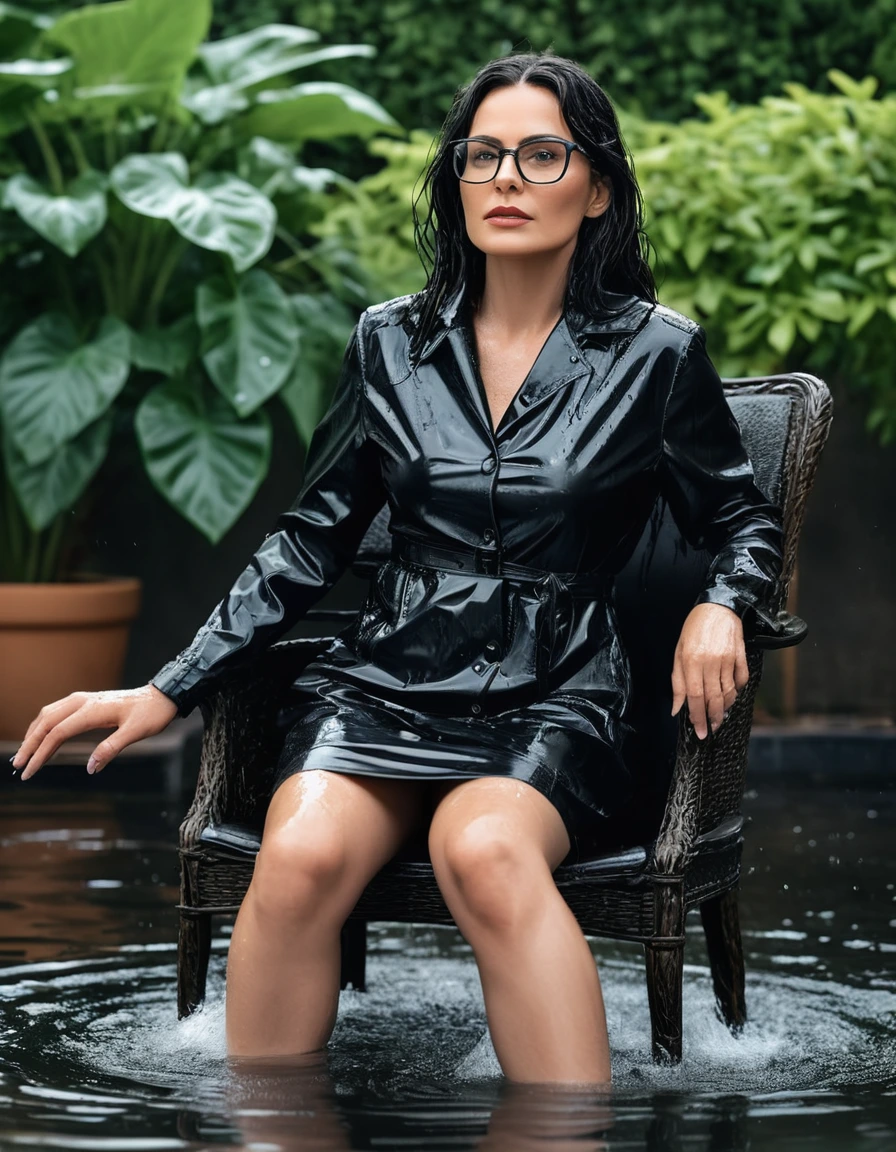 photo of young woman, in soaking wet, drenched clothes,
Sport shoes , midi black leather dress with long sleeves, midi black leather dress with long sleeves, taking shower on the chair complete submerged in the flooded garden, 
enjoying, wet clothes stuck to body,
detailed textures of the wet clothes, wet face, wet plastered hair,
wet, drenched, professional, high-quality details, full body view.
sharp focus, ultra-high pixel detail, realistic, high-quality, full colors, incredibly detailed, 4k, 8k, 16k, hyper-realistic, RAW photo, masterpiece, ultra-detailed, professionally color graded, professional photograph, woman 51 years old, long black hair, very big and thick lips, office glasses, complete body, open mouth
