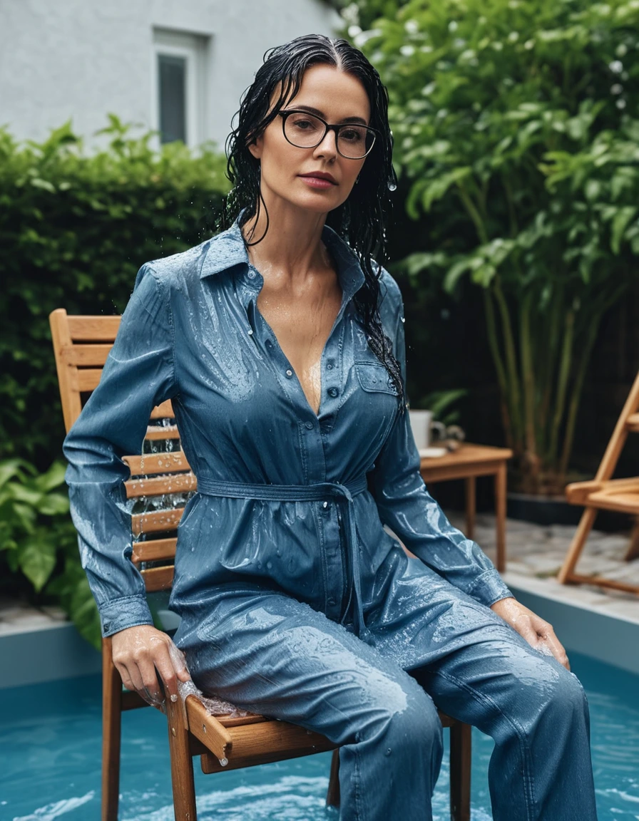 photo of young woman, in soaking wet, drenched clothes,
Sport shoes , midi blue jeans dress with long sleeves, midi blue jeans dress with long sleeves, taking shower on the chair in the flooded garden, 
enjoying, wet clothes stuck to body,
detailed textures of the wet clothes, wet face, wet plastered hair,
wet, drenched, professional, high-quality details, full body view.
sharp focus, ultra-high pixel detail, realistic, high-quality, full colors, incredibly detailed, 4k, 8k, 16k, hyper-realistic, RAW photo, masterpiece, ultra-detailed, professionally color graded, professional photograph, woman 51 years old, long black hair, very big and thick lips, office glasses, complete body, open mouth