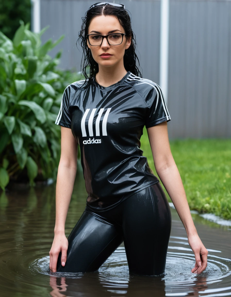 photo of young woman, in soaking wet, drenched clothes,
Sport shoes , long black adidas latex leggins, black adidas top with short sleeves, complete submerged in the flooded garden, 
enjoying, wet clothes stuck to body,
detailed textures of the wet clothes, wet face, wet plastered hair,
wet, drenched, professional, high-quality details, full body view.
sharp focus, ultra-high pixel detail, realistic, high-quality, full colors, incredibly detailed, 4k, 8k, 16k, hyper-realistic, RAW photo, masterpiece, ultra-detailed, professionally color graded, professional photograph, woman 51 years old, long black hair, very big and thick lips, office glasses, complete body, open mouth