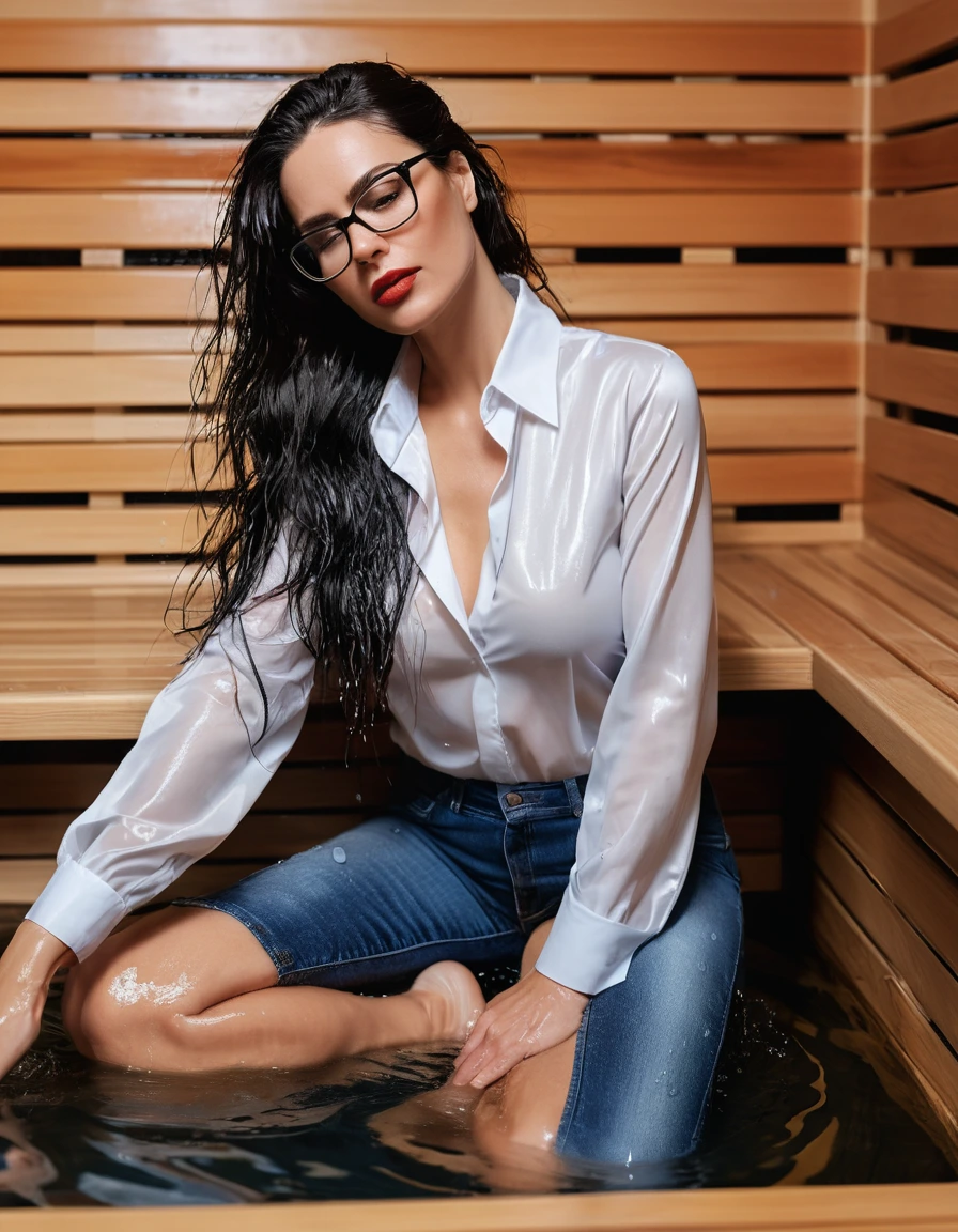 photo of young woman, in soaking wet, drenched clothes,
office shoes , long blue tight jeans, white silk satin shirt, submerged in the sauna, 
enjoying, wet clothes stuck to body,
detailed textures of the wet clothes, wet face, wet plastered hair,
wet, drenched, professional, high-quality details, full body view.
sharp focus, ultra-high pixel detail, realistic, high-quality, full colors, incredibly detailed, 4k, 8k, 16k, hyper-realistic, RAW photo, masterpiece, ultra-detailed, professionally color graded, professional photograph, woman 51 years old, long black hair, very big and thick lips, office glasses, complete body, open mouth