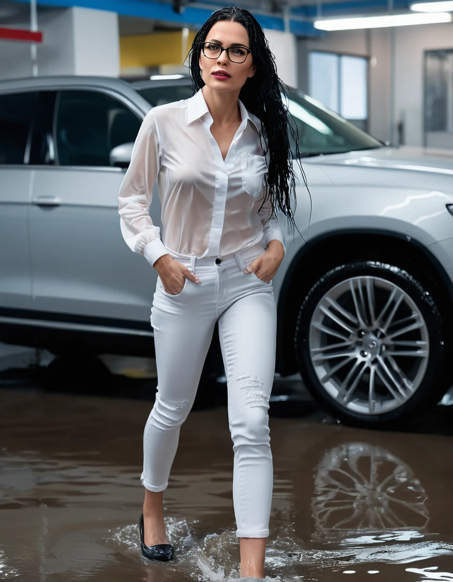 photo of young woman, in soaking wet, drenched clothes,
office shoes , long white tight jeans, white silk satin shirt, walking in the carwash, 
enjoying, wet clothes stuck to body,
detailed textures of the wet clothes, wet face, wet plastered hair,
wet, drenched, professional, high-quality details, full body view.
sharp focus, ultra-high pixel detail, realistic, high-quality, full colors, incredibly detailed, 4k, 8k, 16k, hyper-realistic, RAW photo, masterpiece, ultra-detailed, professionally color graded, professional photograph, woman 51 years old, long black hair, very big and thick lips, office glasses, complete body, open mouth