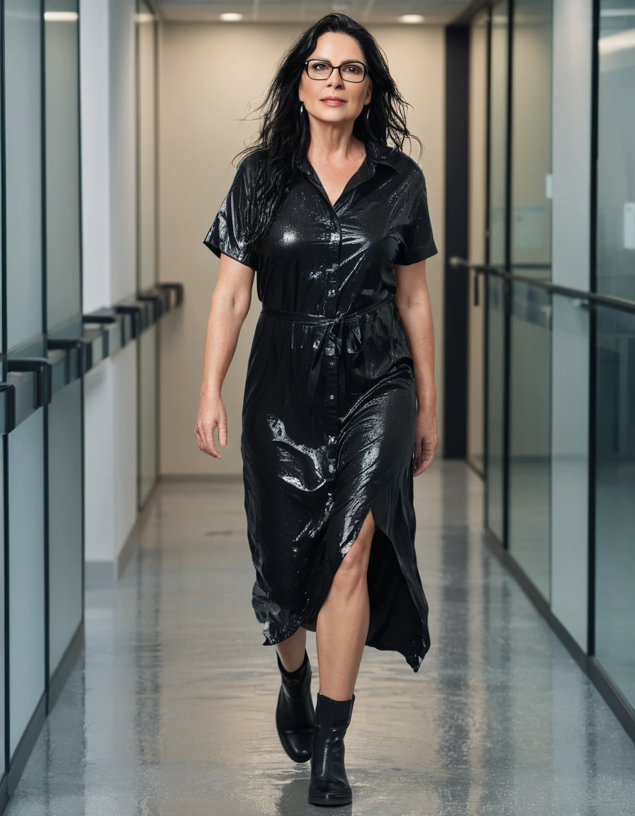photo of young woman, in soaking wet, drenched clothes,
office shoes , long black t-shirt dress, long black t-shirt dress, walking in the office, 
enjoying, wet clothes stuck to body,
detailed textures of the wet clothes, wet face, wet plastered hair,
wet, drenched, professional, high-quality details, full body view.
sharp focus, ultra-high pixel detail, realistic, high-quality, full colors, incredibly detailed, 4k, 8k, 16k, hyper-realistic, RAW photo, masterpiece, ultra-detailed, professionally color graded, professional photograph, woman 51 years old, long black hair, very big and thick lips, office glasses, complete body, open mouth