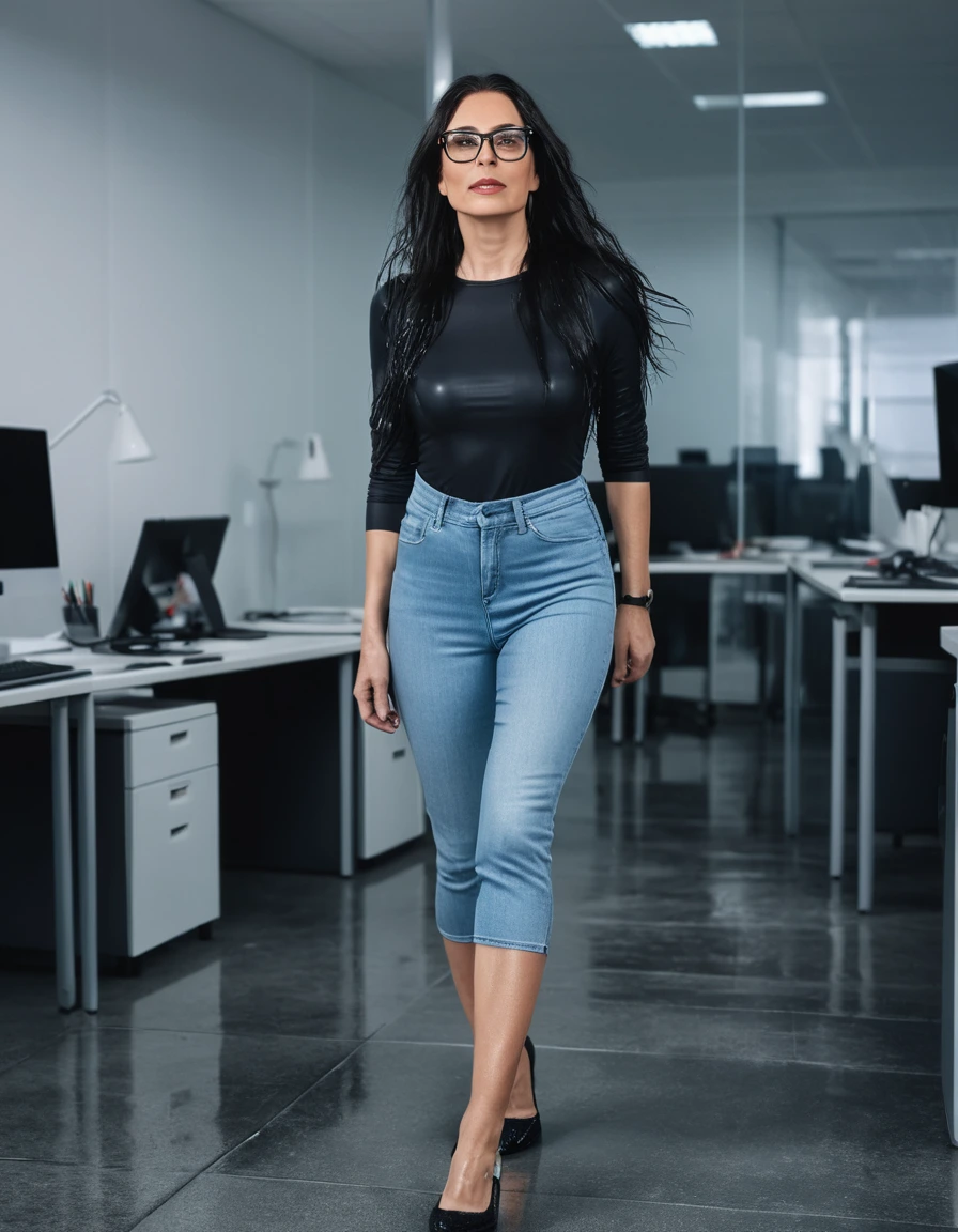 photo of young woman, in soaking wet, drenched clothes,
office shoes , long light blue tight jeans, long black t-shirt dress, walking in the office, 
enjoying, wet clothes stuck to body,
detailed textures of the wet clothes, wet face, wet plastered hair,
wet, drenched, professional, high-quality details, full body view.
sharp focus, ultra-high pixel detail, realistic, high-quality, full colors, incredibly detailed, 4k, 8k, 16k, hyper-realistic, RAW photo, masterpiece, ultra-detailed, professionally color graded, professional photograph, woman 51 years old, long black hair, very big and thick lips, office glasses, complete body, open mouth