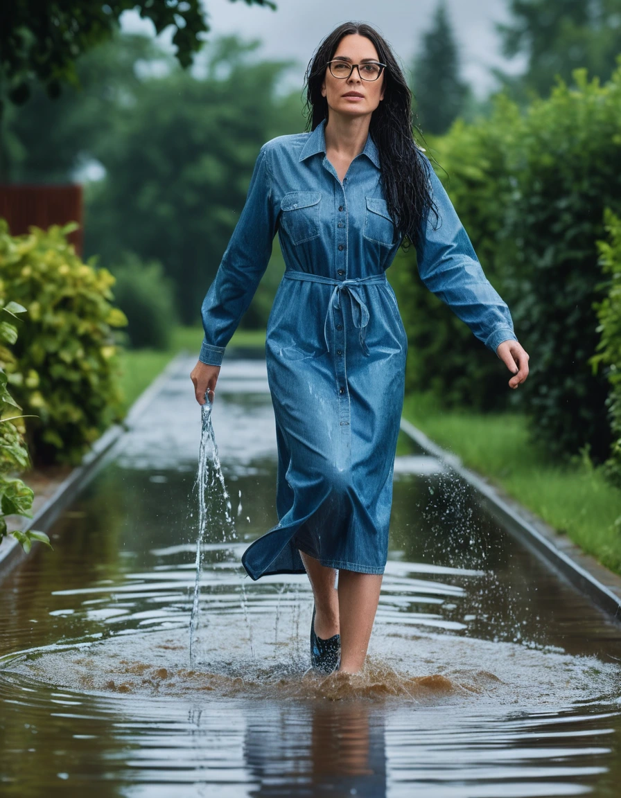 photo of young woman, in soaking wet, drenched clothes,
Sport shoes , maxi blue jeans dress with long sleeves, maxi blue jeans dress with long sleeves, walking in hard rain in flooded garden, 
enjoying, wet clothes stuck to body,
detailed textures of the wet clothes, wet face, wet plastered hair,
wet, drenched, professional, high-quality details, full body view.
sharp focus, ultra-high pixel detail, realistic, high-quality, full colors, incredibly detailed, 4k, 8k, 16k, hyper-realistic, RAW photo, masterpiece, ultra-detailed, professionally color graded, professional photograph, woman 51 years old, long black hair, very big and thick lips, office glasses, complete body, open mouth