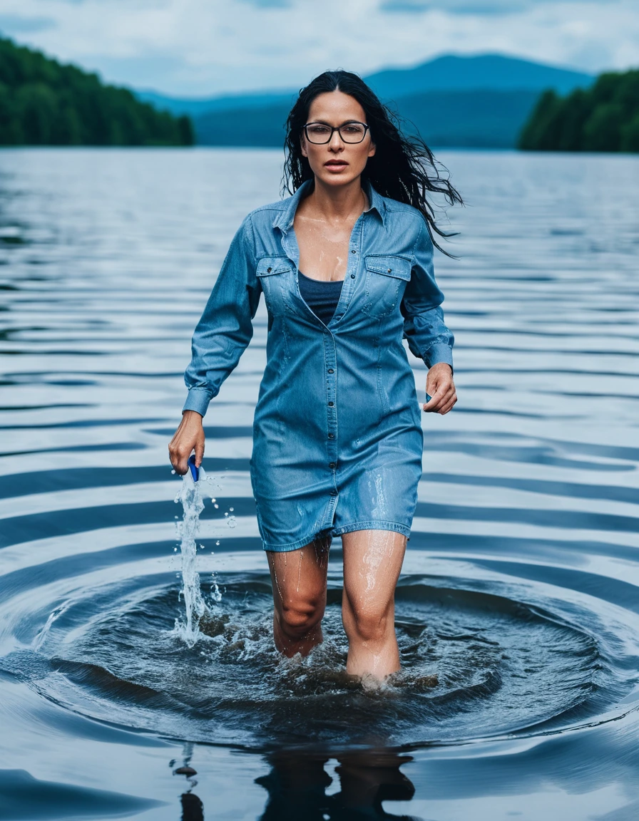 photo of young woman, in soaking wet, drenched clothes,
Sport shoes , midi tight light blue jeans dress, midi tight blue jeans dress, walking in deep suuny lake, 
enjoying, wet clothes stuck to body,
detailed textures of the wet clothes, wet face, wet plastered hair,
wet, drenched, professional, high-quality details, full body view.
sharp focus, ultra-high pixel detail, realistic, high-quality, full colors, incredibly detailed, 4k, 8k, 16k, hyper-realistic, RAW photo, masterpiece, ultra-detailed, professionally color graded, professional photograph, woman 51 years old, long black hair, very big and thick lips, office glasses, complete body, open mouth