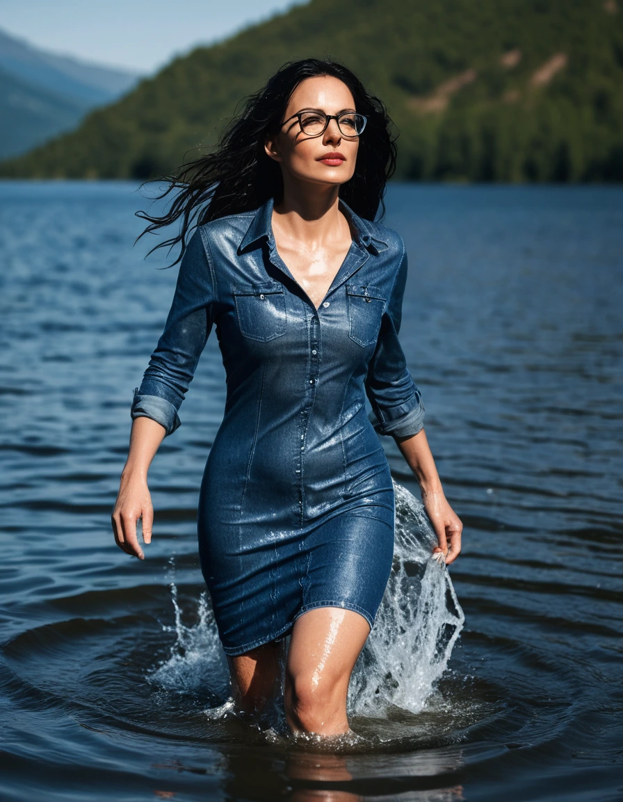 photo of young woman, in soaking wet, drenched clothes,
Sport shoes , midi tight blue jeans dress, midi tight blue jeans dress, walking in Sunny Deep lake, 
enjoying, wet clothes stuck to body,
detailed textures of the wet clothes, wet face, wet plastered hair,
wet, drenched, professional, high-quality details, full body view.
sharp focus, ultra-high pixel detail, realistic, high-quality, full colors, incredibly detailed, 4k, 8k, 16k, hyper-realistic, RAW photo, masterpiece, ultra-detailed, professionally color graded, professional photograph, woman 51 years old, long black hair, very big and thick lips, office glasses, complete body, open mouth