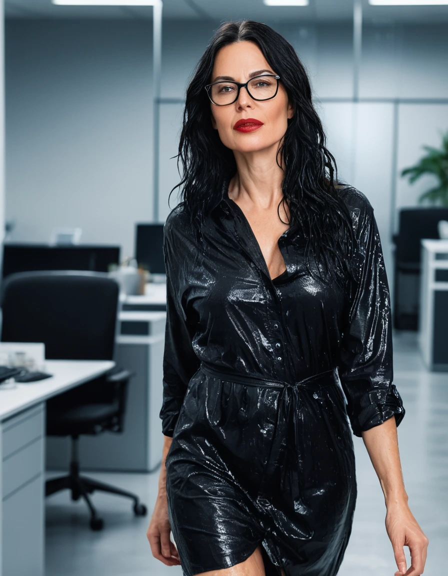photo of young woman, in soaking wet, drenched clothes,
office shoes , long black t-shirt dress, long black t-shirt dress, walking in the office, 
enjoying, wet clothes stuck to body,
detailed textures of the wet clothes, wet face, wet plastered hair,
wet, drenched, professional, high-quality details, full body view.
sharp focus, ultra-high pixel detail, realistic, high-quality, full colors, incredibly detailed, 4k, 8k, 16k, hyper-realistic, RAW photo, masterpiece, ultra-detailed, professionally color graded, professional photograph, woman 51 years old, long black hair, very big and thick lips, office glasses, complete body, open mouth