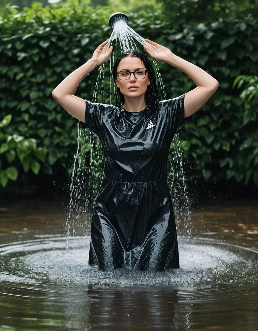 photo of young woman, in soaking wet, drenched clothes,
Sport shoes , long black adidas dress with short sleeves, long black adidas dress with short sleeves, taking shower complete submerged in the flooded garden, 
enjoying, wet clothes stuck to body,
detailed textures of the wet clothes, wet face, wet plastered hair,
wet, drenched, professional, high-quality details, full body view.
sharp focus, ultra-high pixel detail, realistic, high-quality, full colors, incredibly detailed, 4k, 8k, 16k, hyper-realistic, RAW photo, masterpiece, ultra-detailed, professionally color graded, professional photograph, woman 51 years old, long black hair, very big and thick lips, office glasses, complete body, open mouth