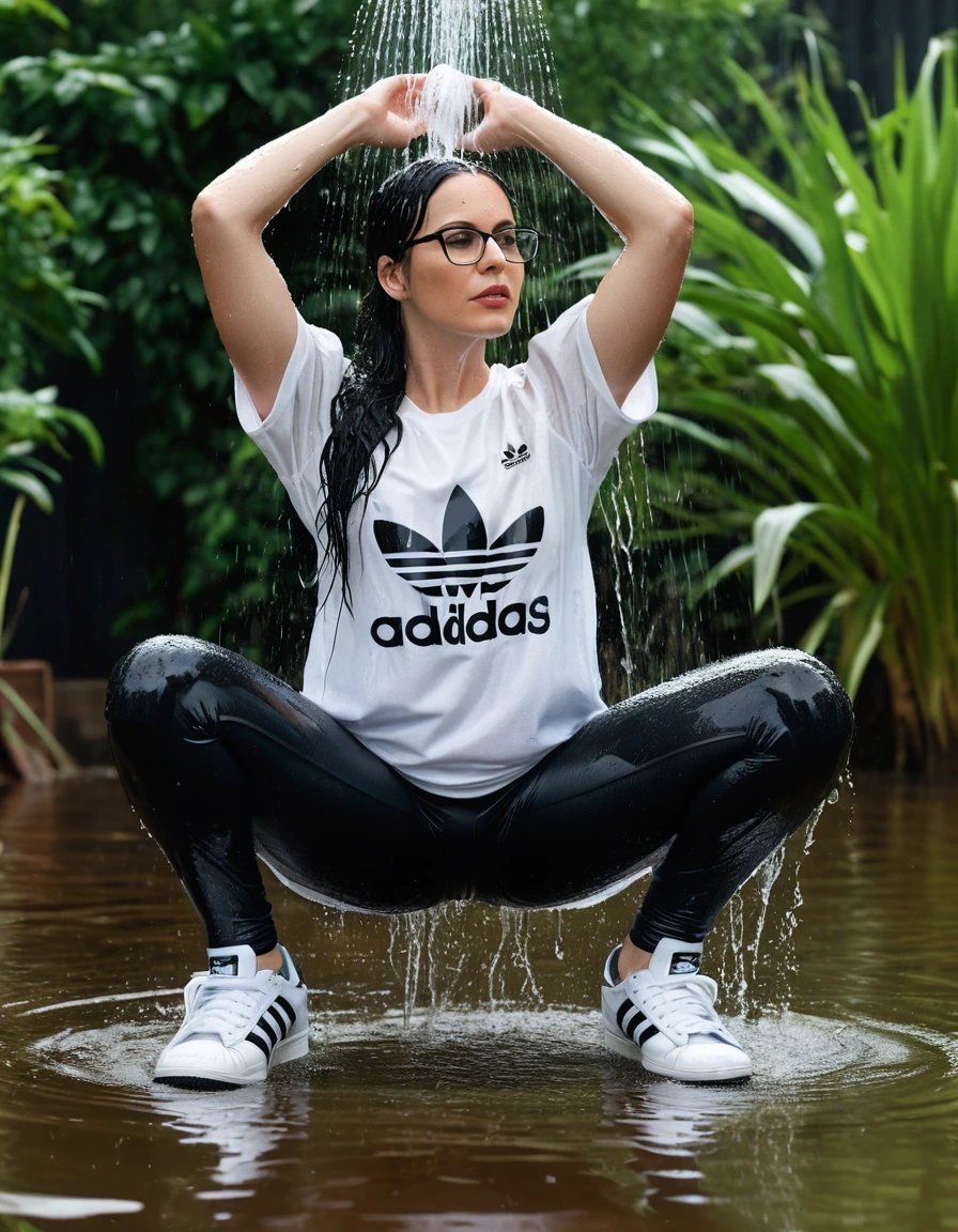 photo of young woman, in soaking wet, drenched clothes,
Sport shoes , long black adidas leggins, white adidas top with short sleeves, taking shower complete submerged in the flooded garden, 
enjoying, wet clothes stuck to body,
detailed textures of the wet clothes, wet face, wet plastered hair,
wet, drenched, professional, high-quality details, full body view.
sharp focus, ultra-high pixel detail, realistic, high-quality, full colors, incredibly detailed, 4k, 8k, 16k, hyper-realistic, RAW photo, masterpiece, ultra-detailed, professionally color graded, professional photograph, woman 51 years old, long black hair, very big and thick lips, office glasses, complete body, open mouth